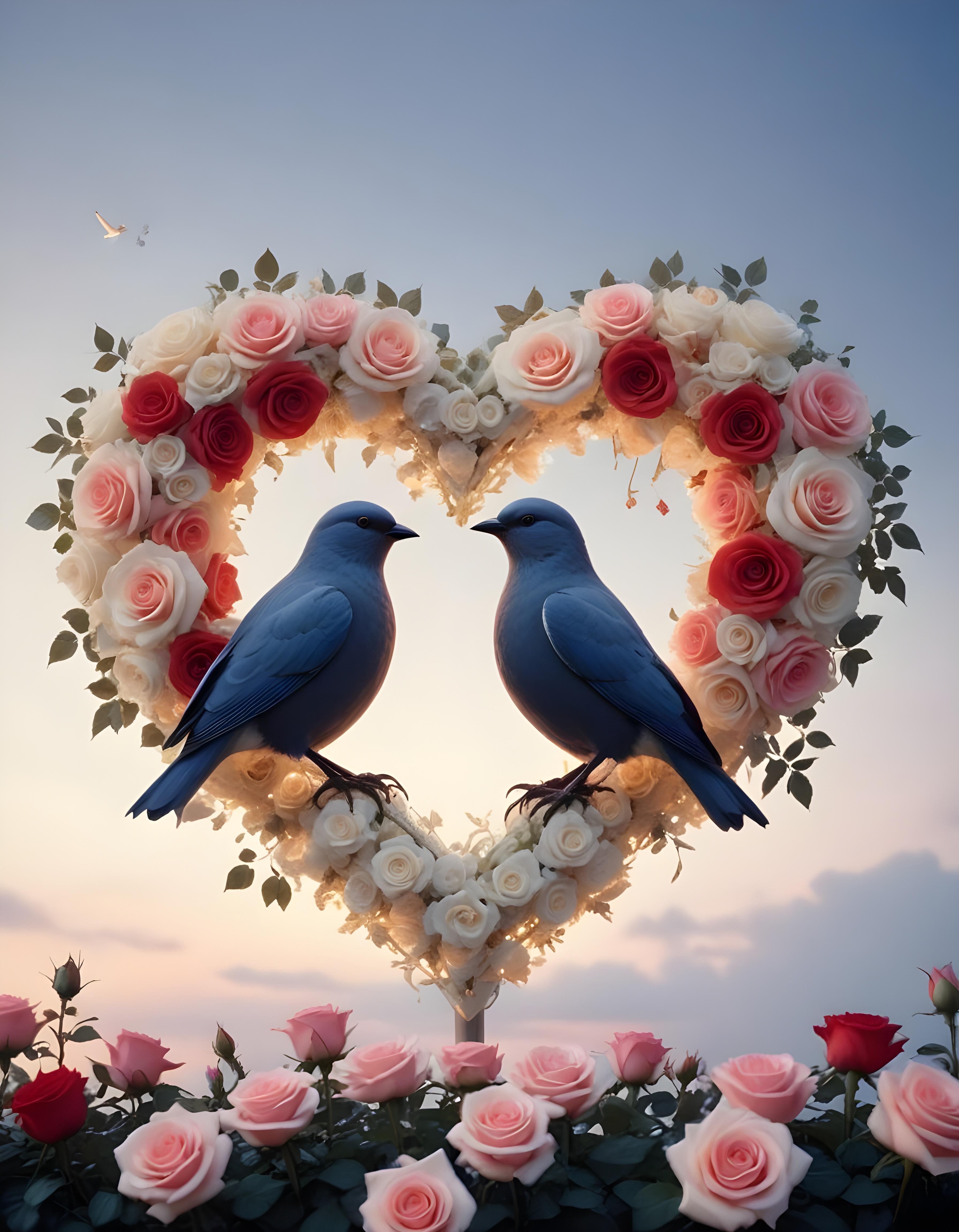 Romantic Love Birds Illustration with Floral Heart Frame and Valentine Theme