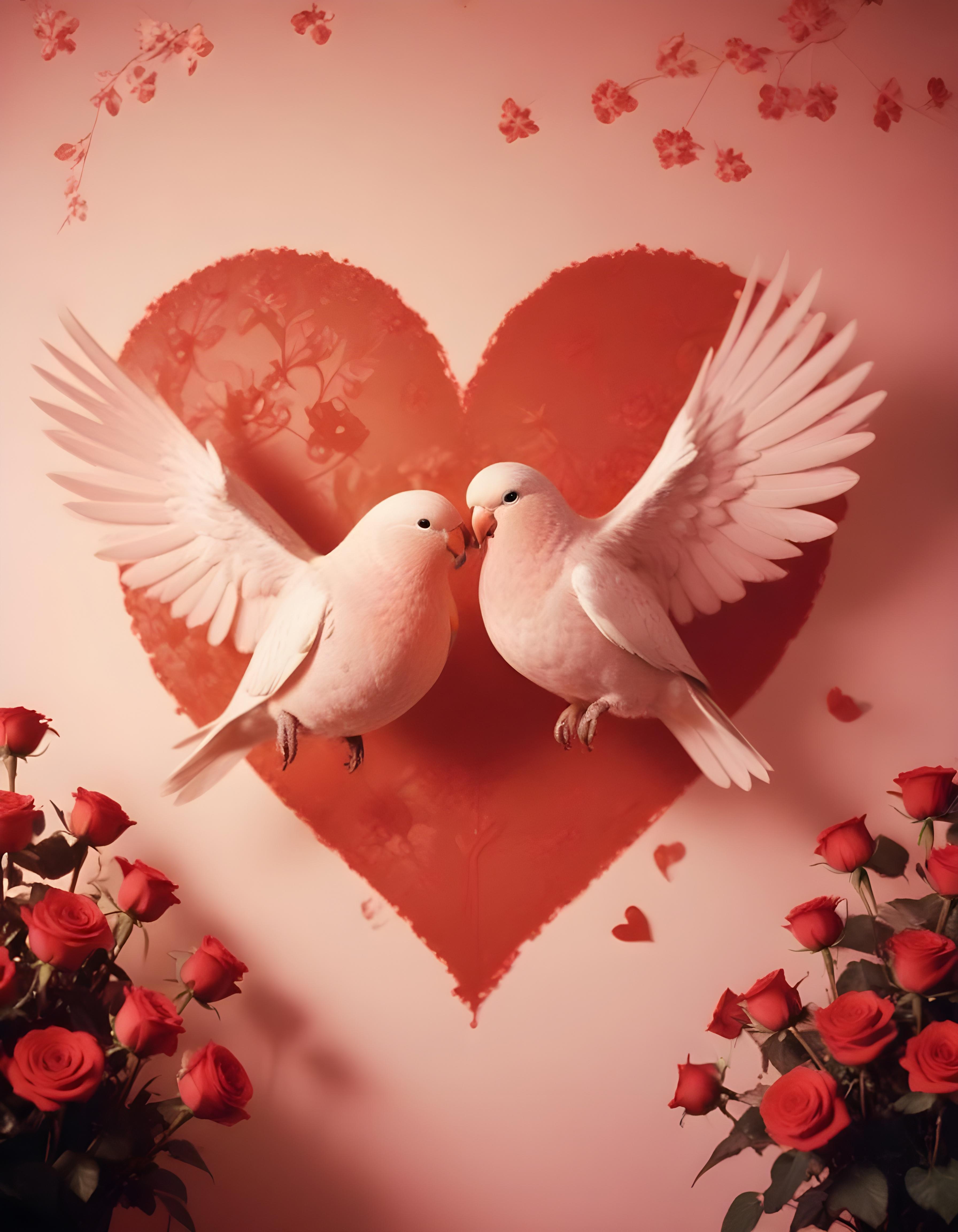Romantic Love Birds Illustration with Floral Heart Frame and Valentine Theme