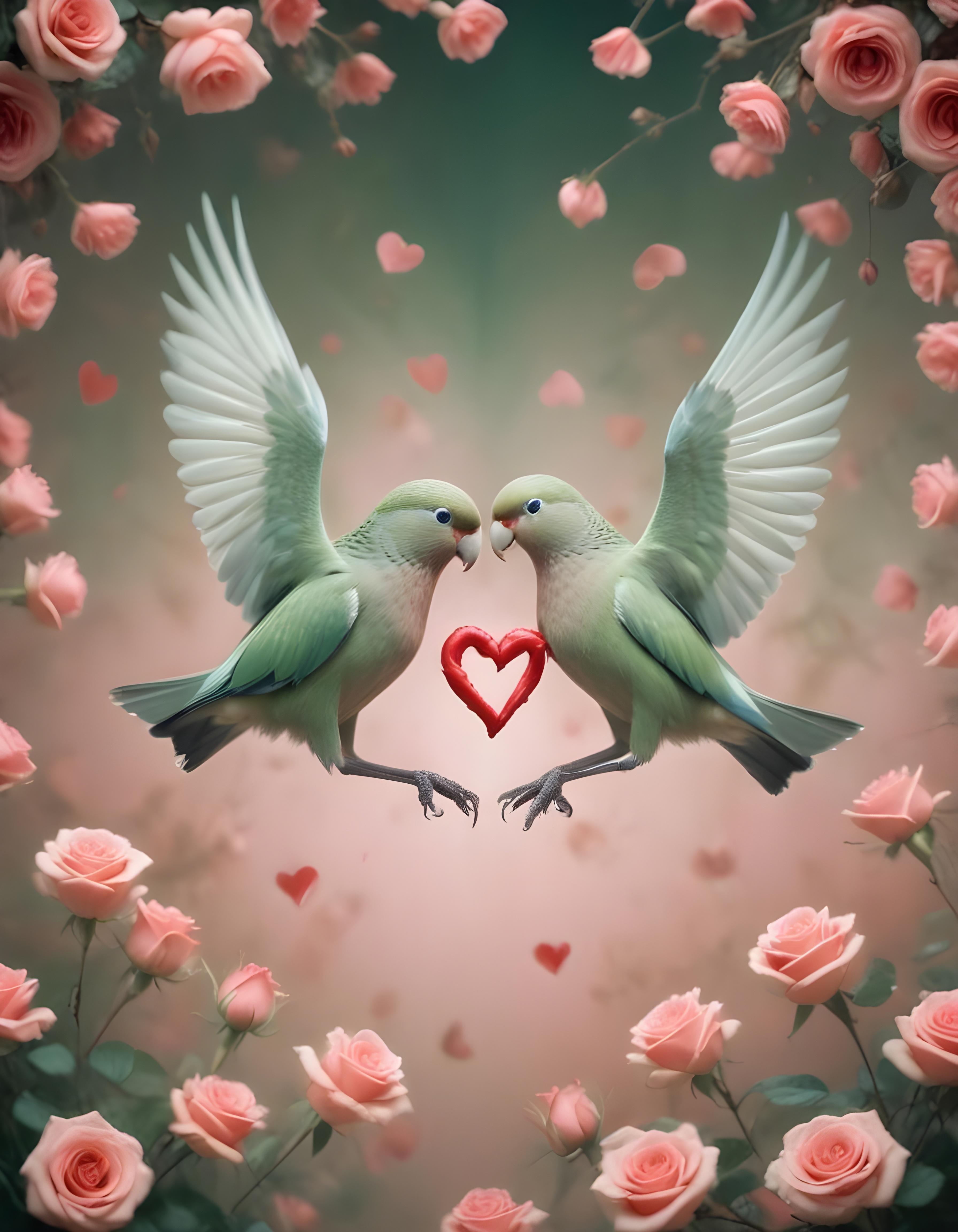 Romantic Love Birds Illustration with Floral Heart Frame and Valentine Theme