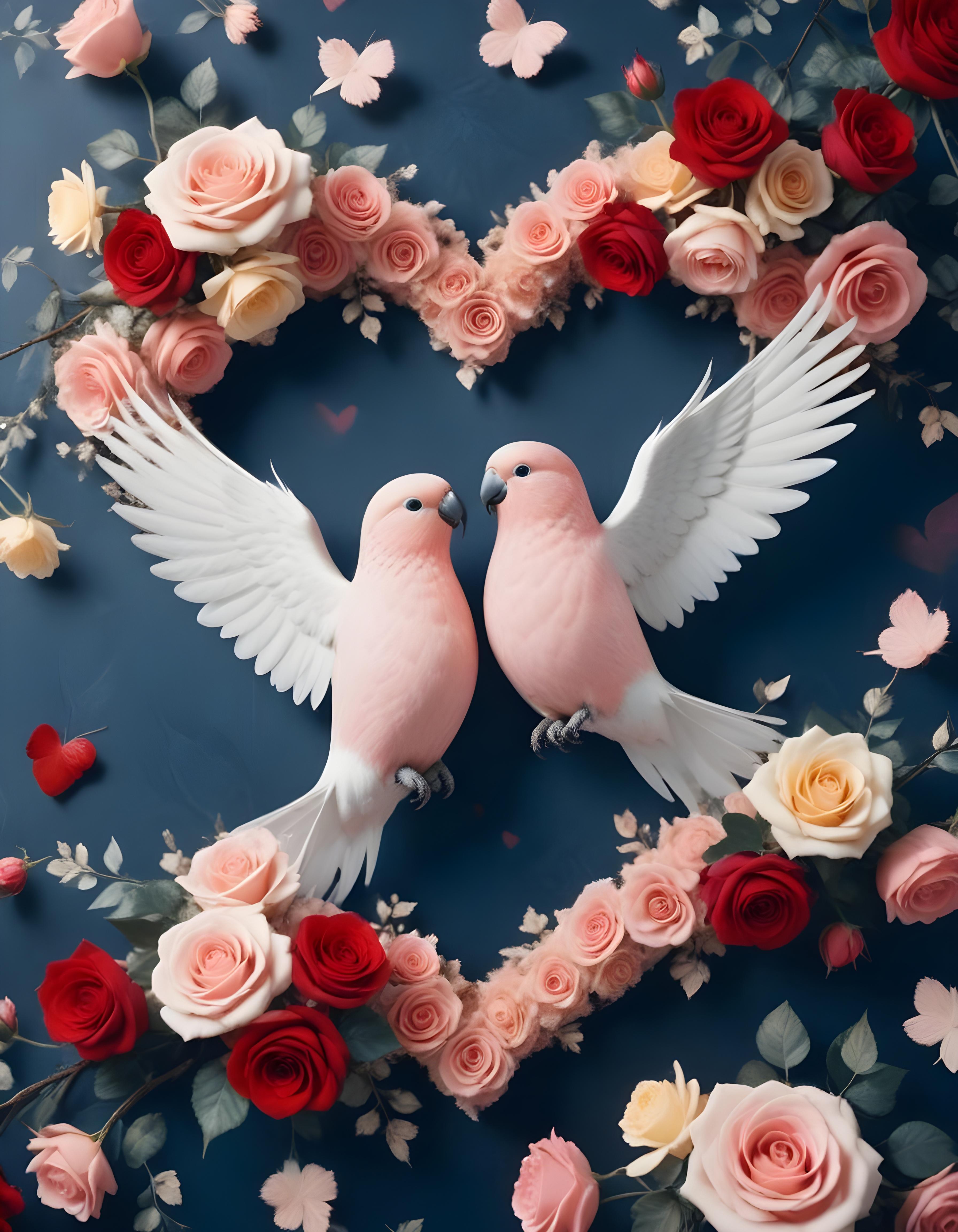 Romantic Love Birds Illustration with Floral Heart Frame and Valentine Theme