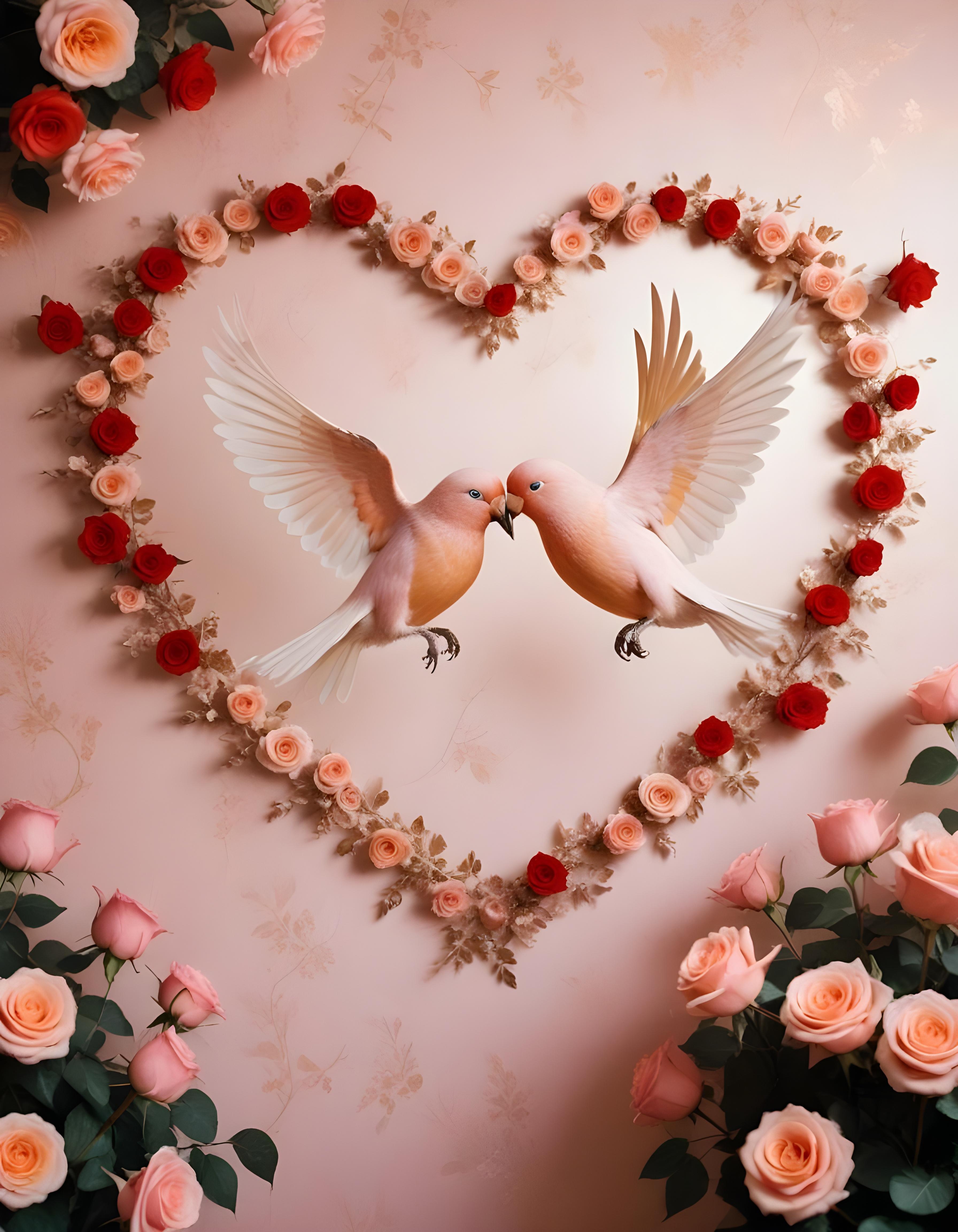 Romantic Love Birds Illustration with Floral Heart Frame and Valentine Theme