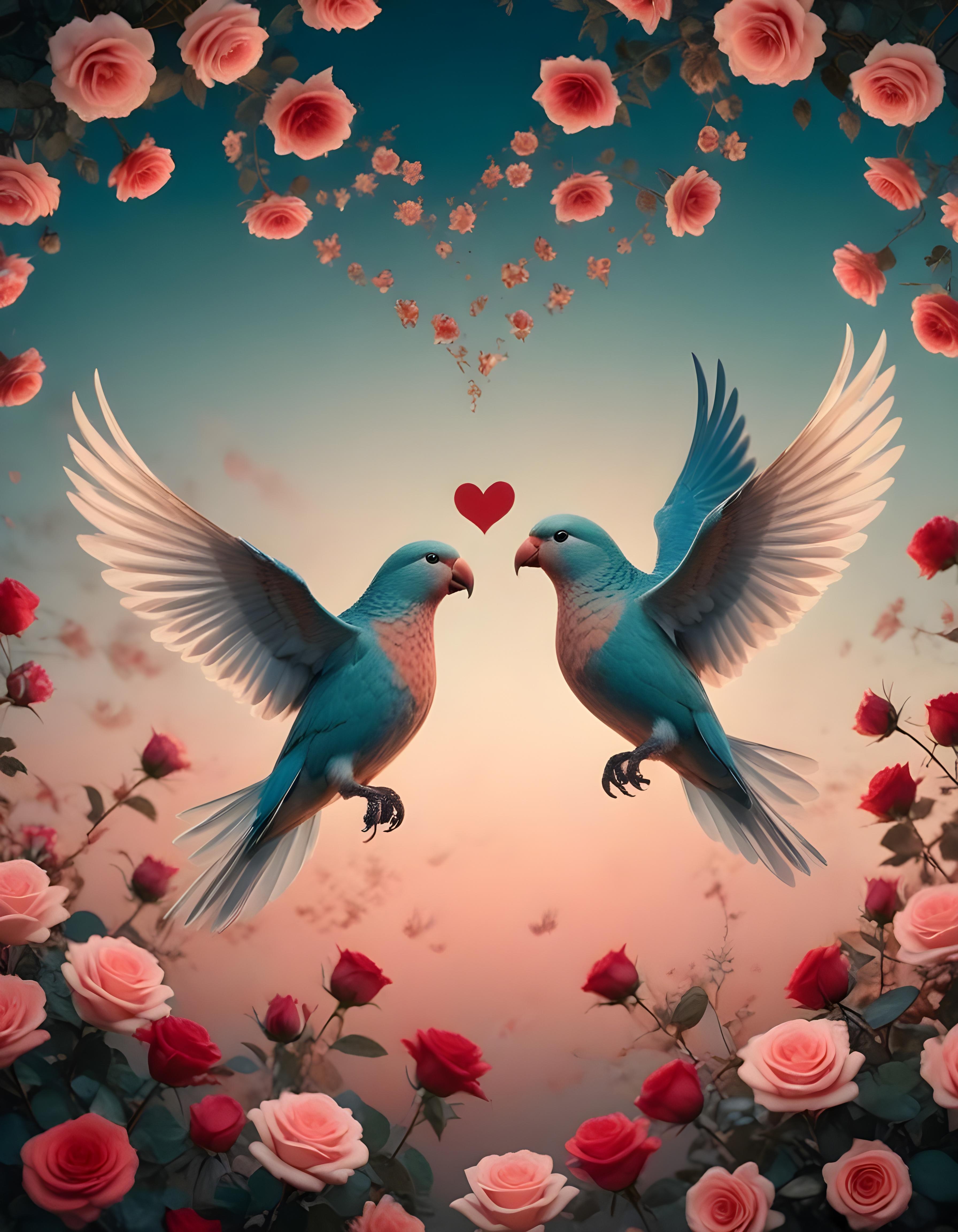 Romantic Love Birds Illustration with Floral Heart Frame and Valentine Theme