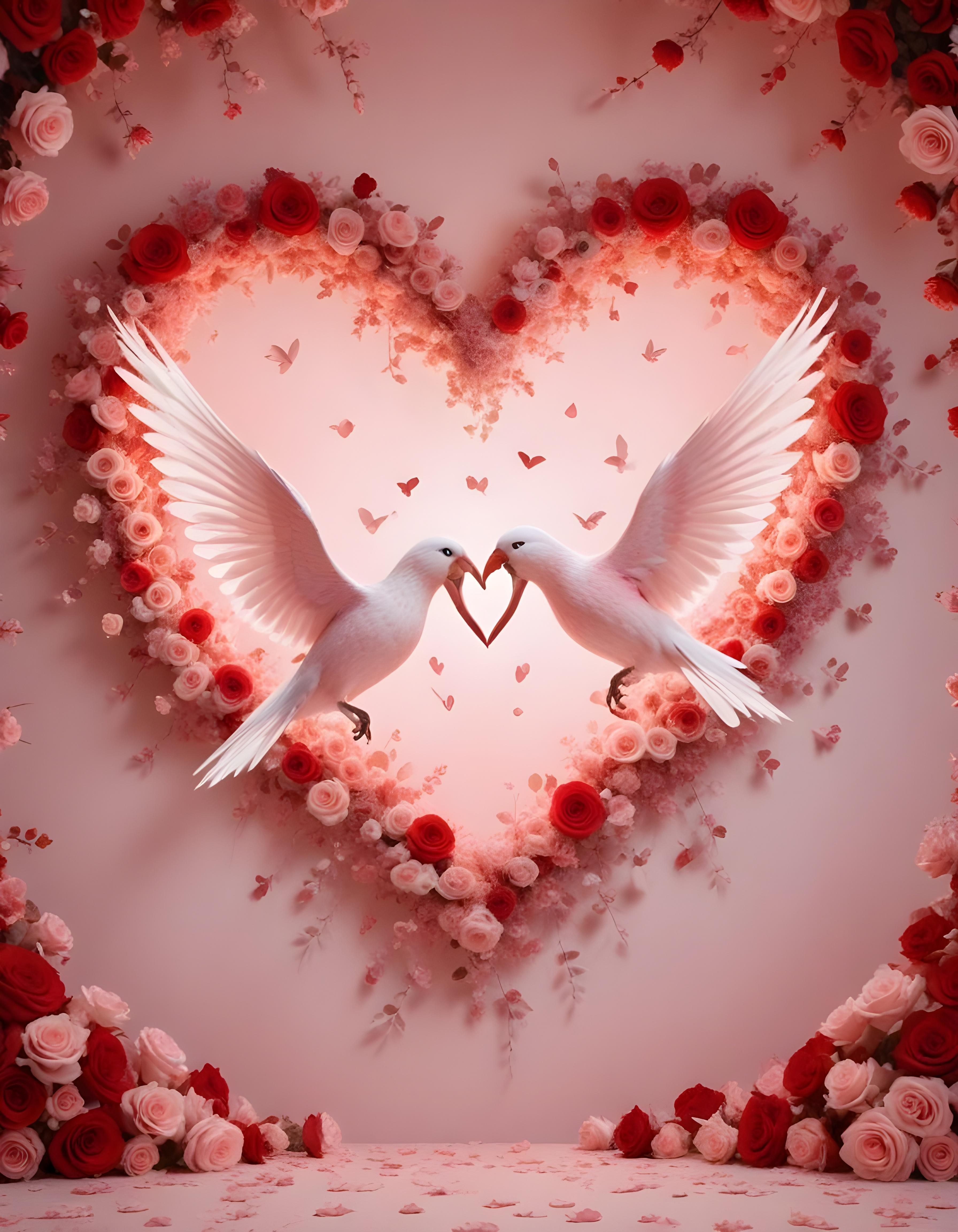 Romantic Love Birds Illustration with Floral Heart Frame and Valentine Theme