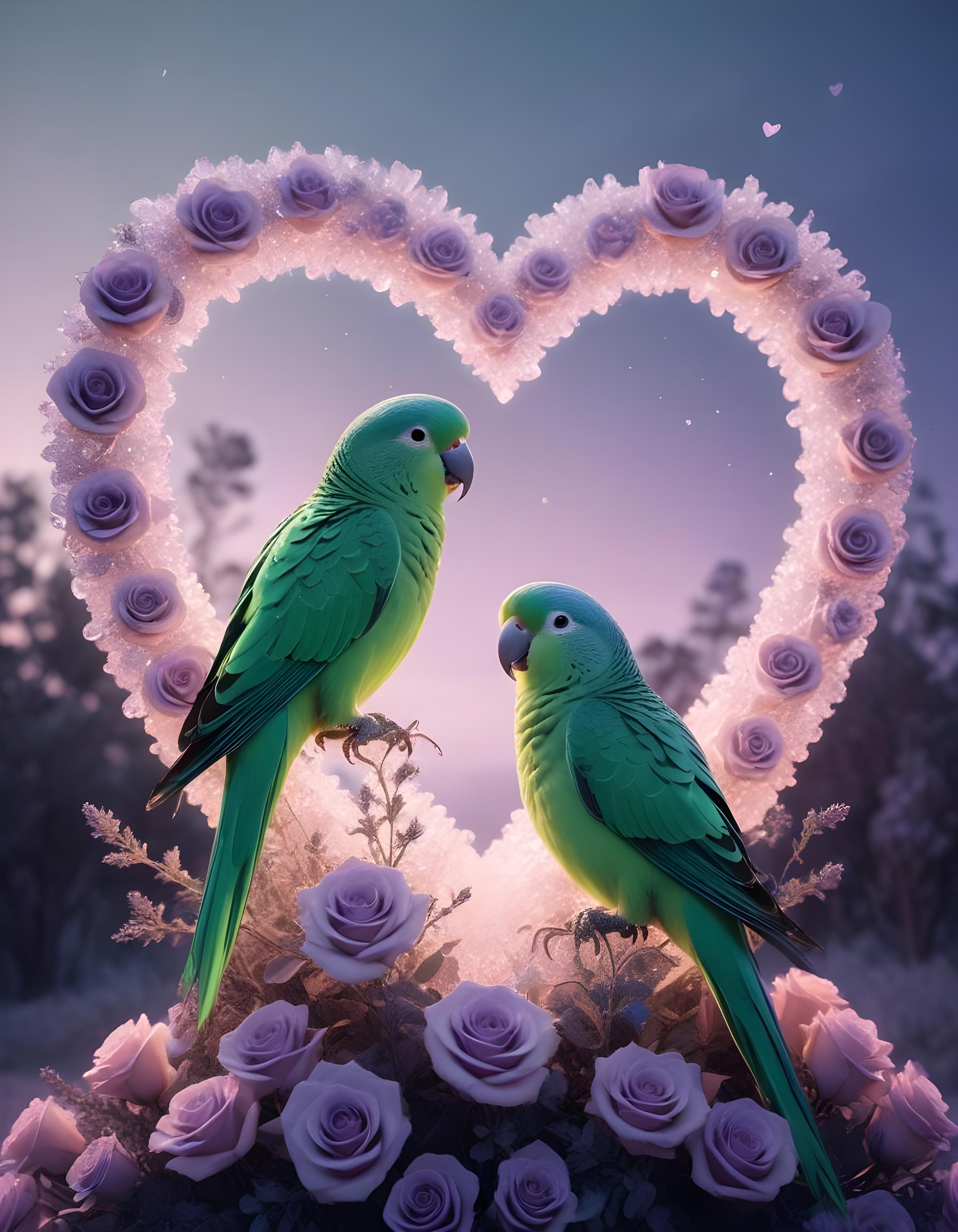 Romantic Love Birds Illustration with Floral Heart Frame and Valentine Theme