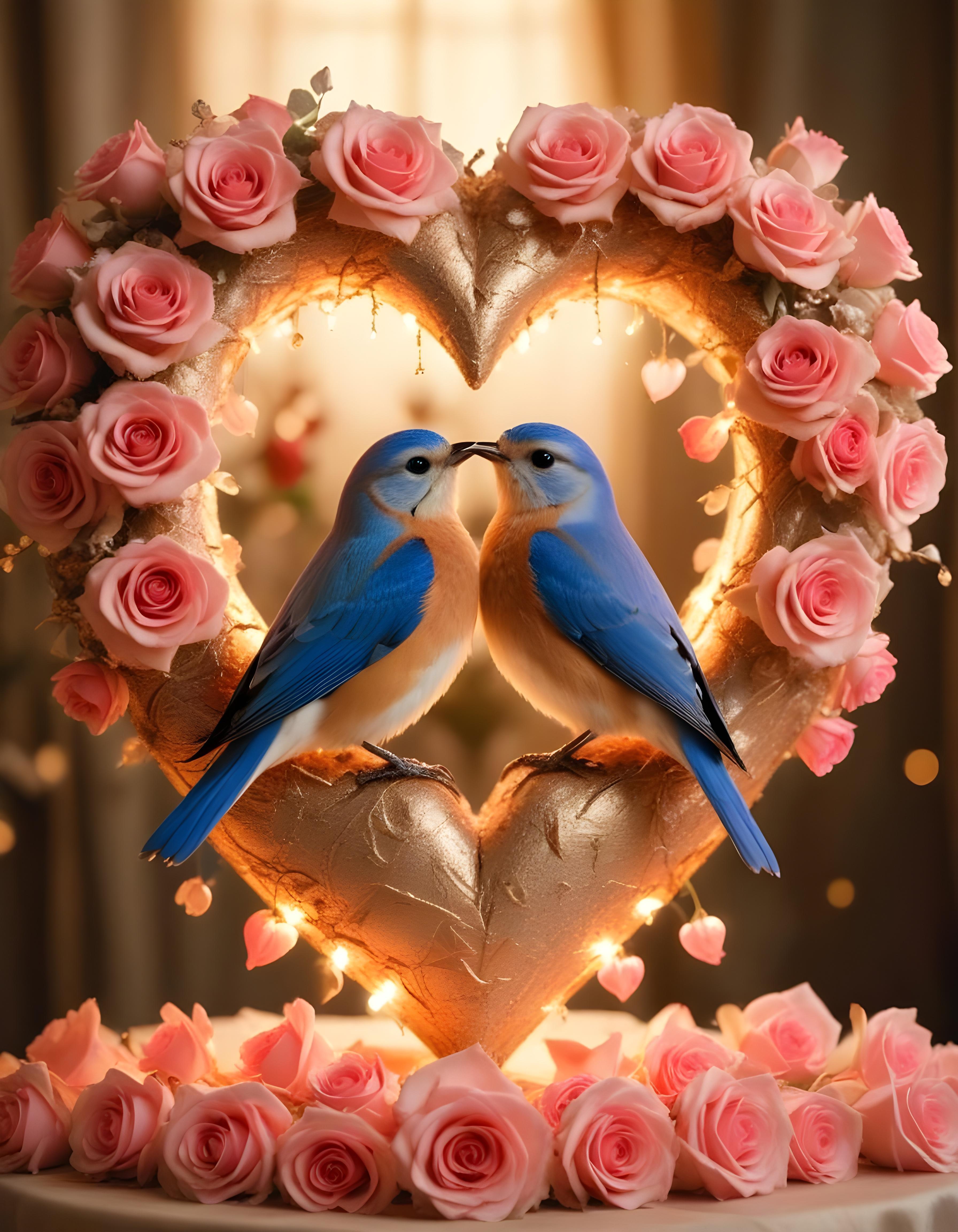 Romantic Love Birds Illustration with Floral Heart Frame and Valentine Theme