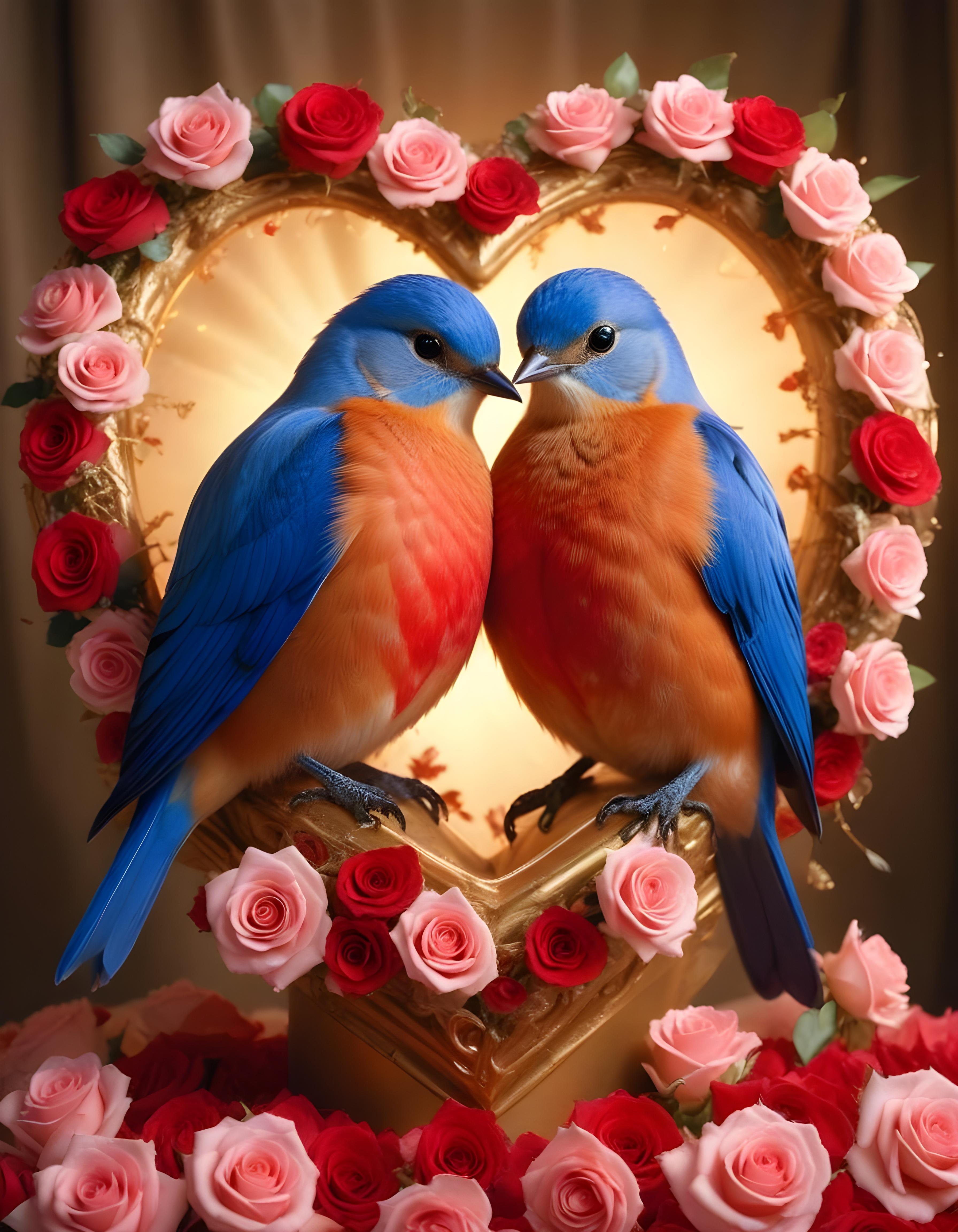 Romantic Love Birds Illustration with Floral Heart Frame and Valentine Theme