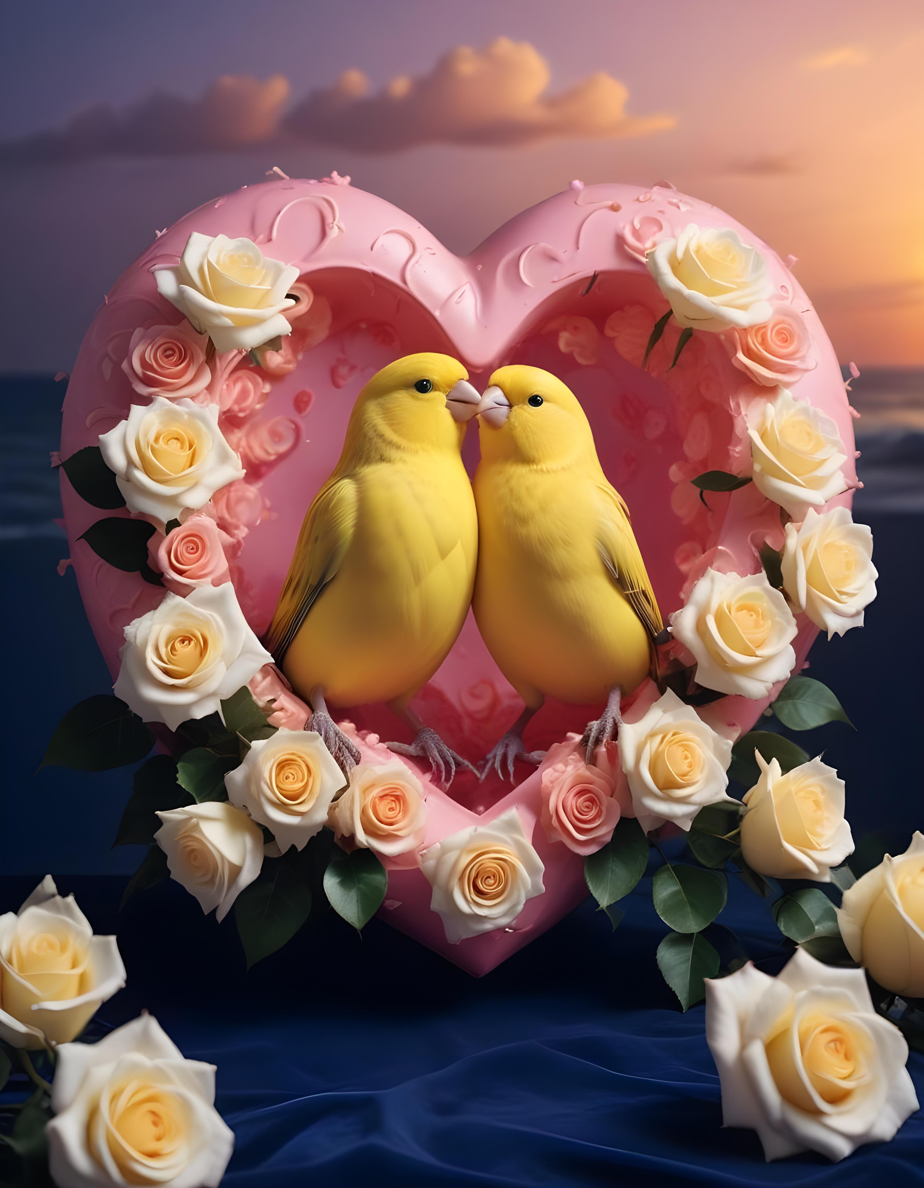 Romantic Love Birds Illustration with Floral Heart Frame and Valentine Theme