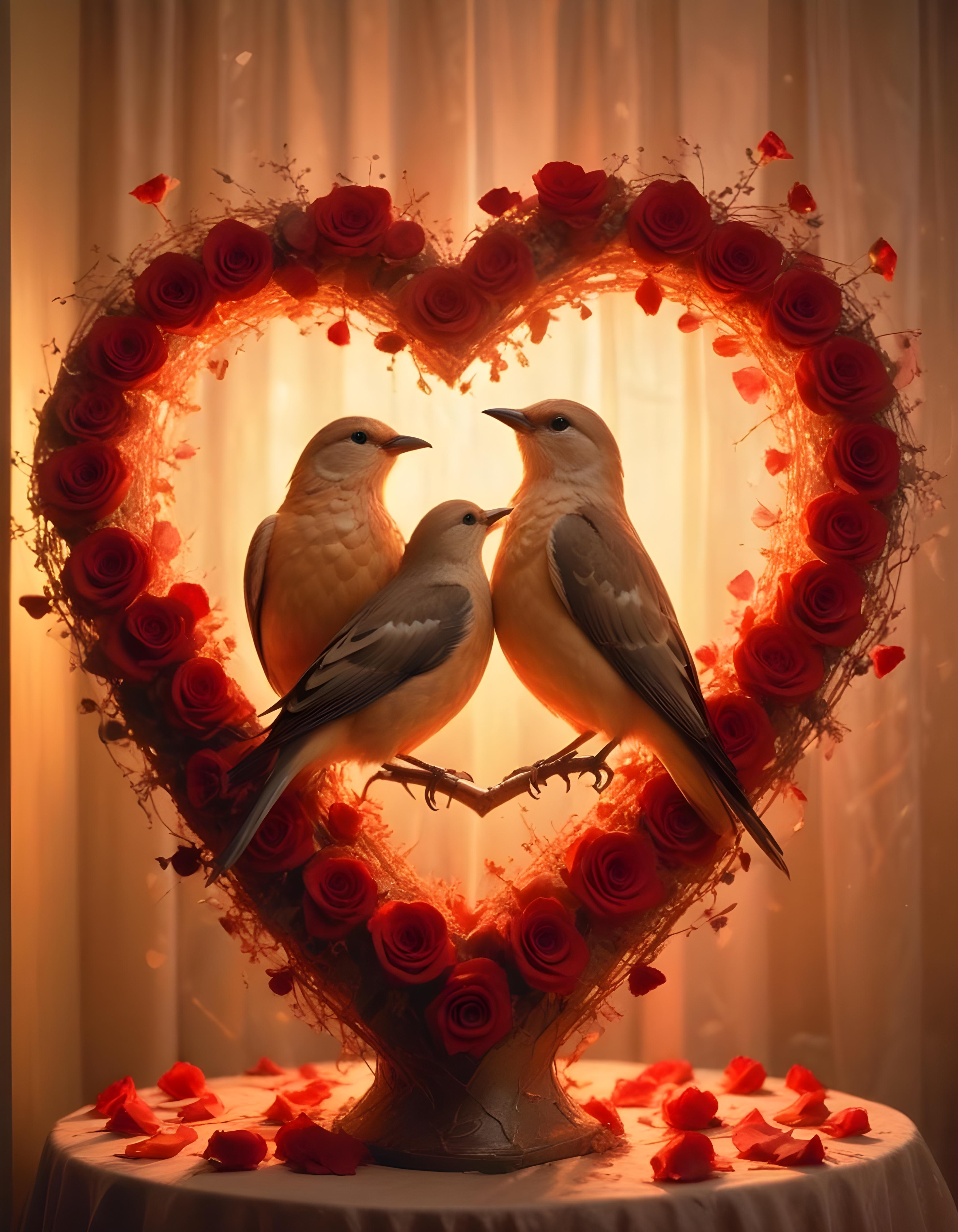 Romantic Love Birds Illustration with Floral Heart Frame and Valentine Theme