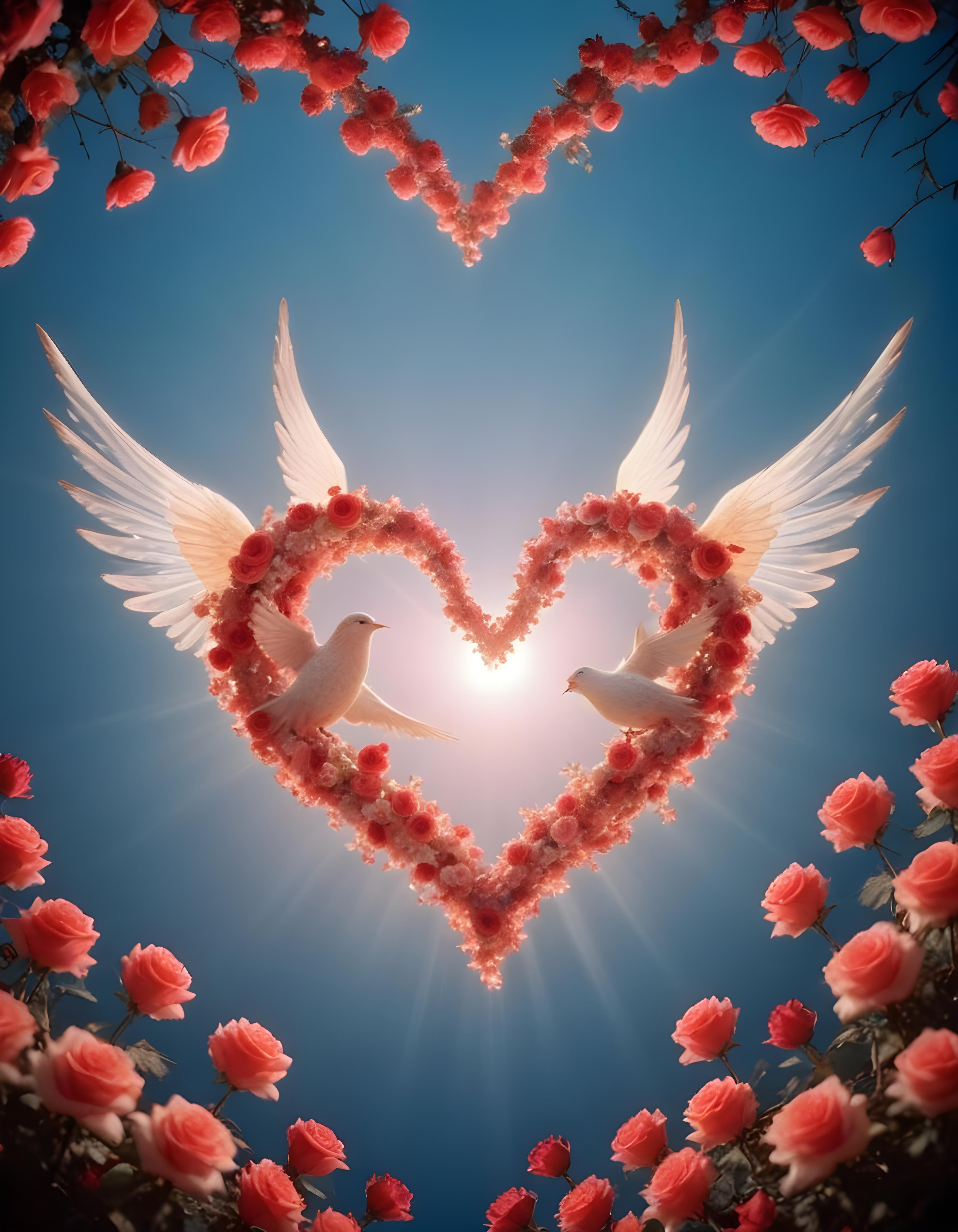 Romantic Love Birds Illustration with Floral Heart Frame and Valentine Theme