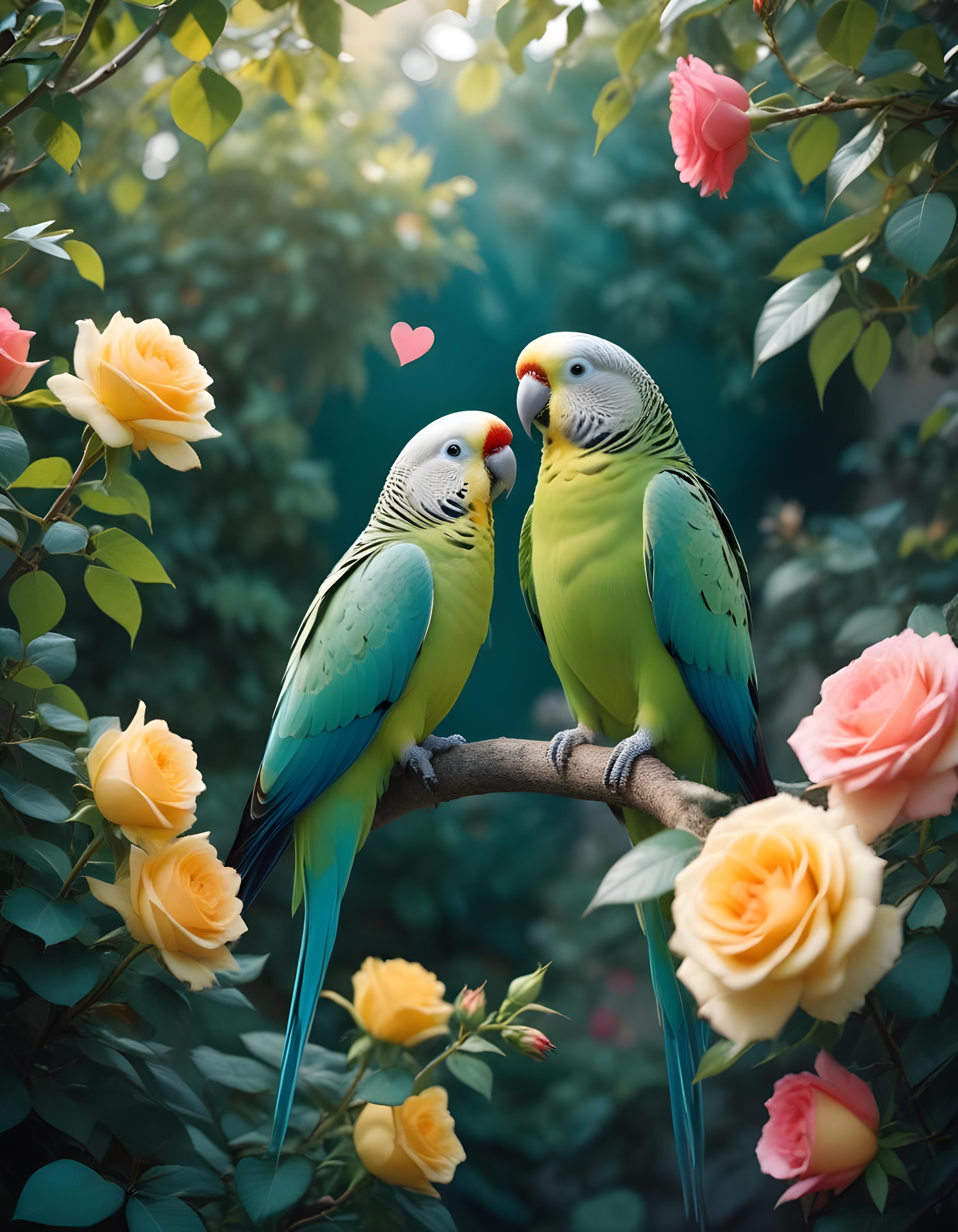 Romantic Love Birds Illustration with Floral Heart Frame and Valentine Theme