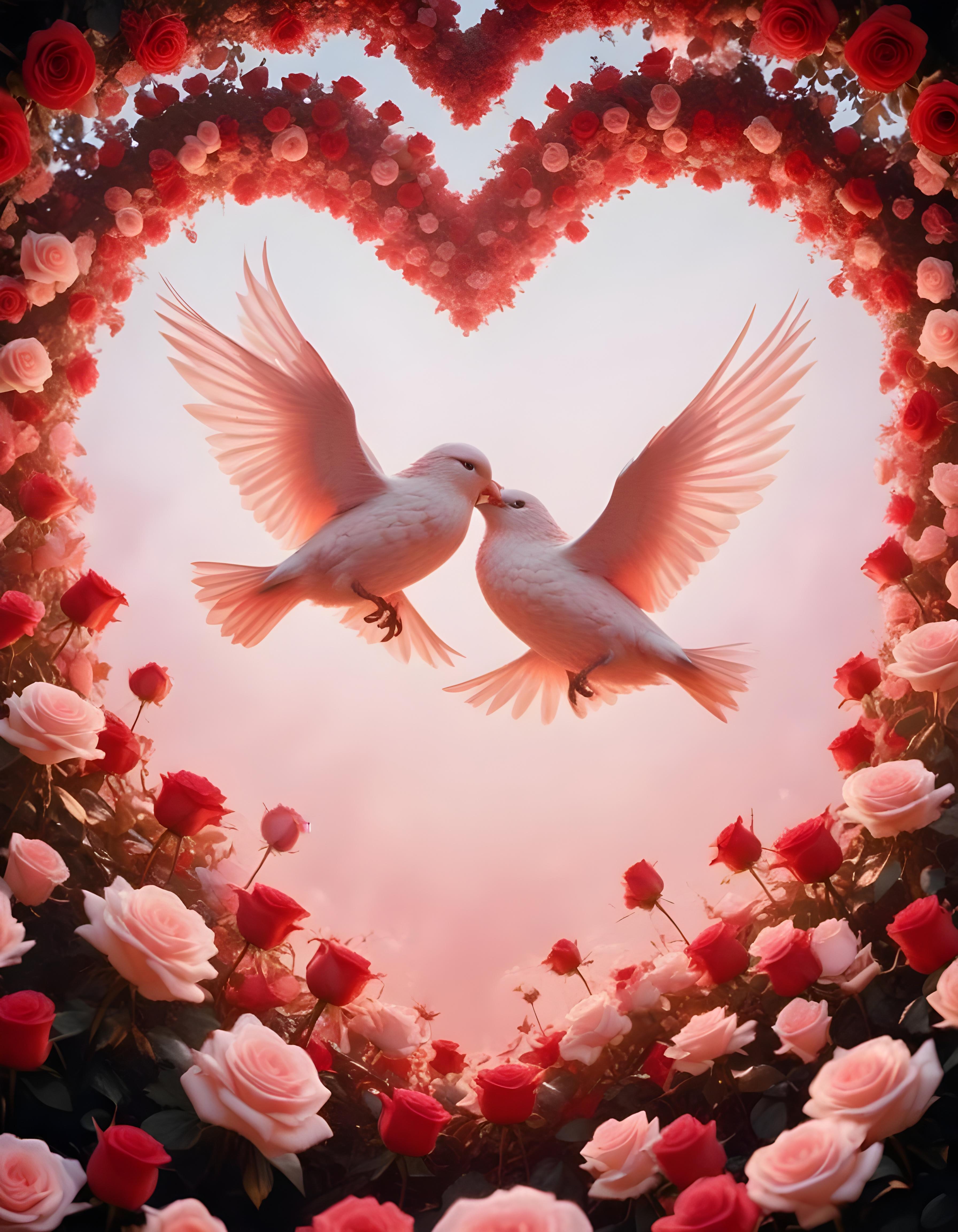 Romantic Love Birds Illustration with Floral Heart Frame and Valentine Theme