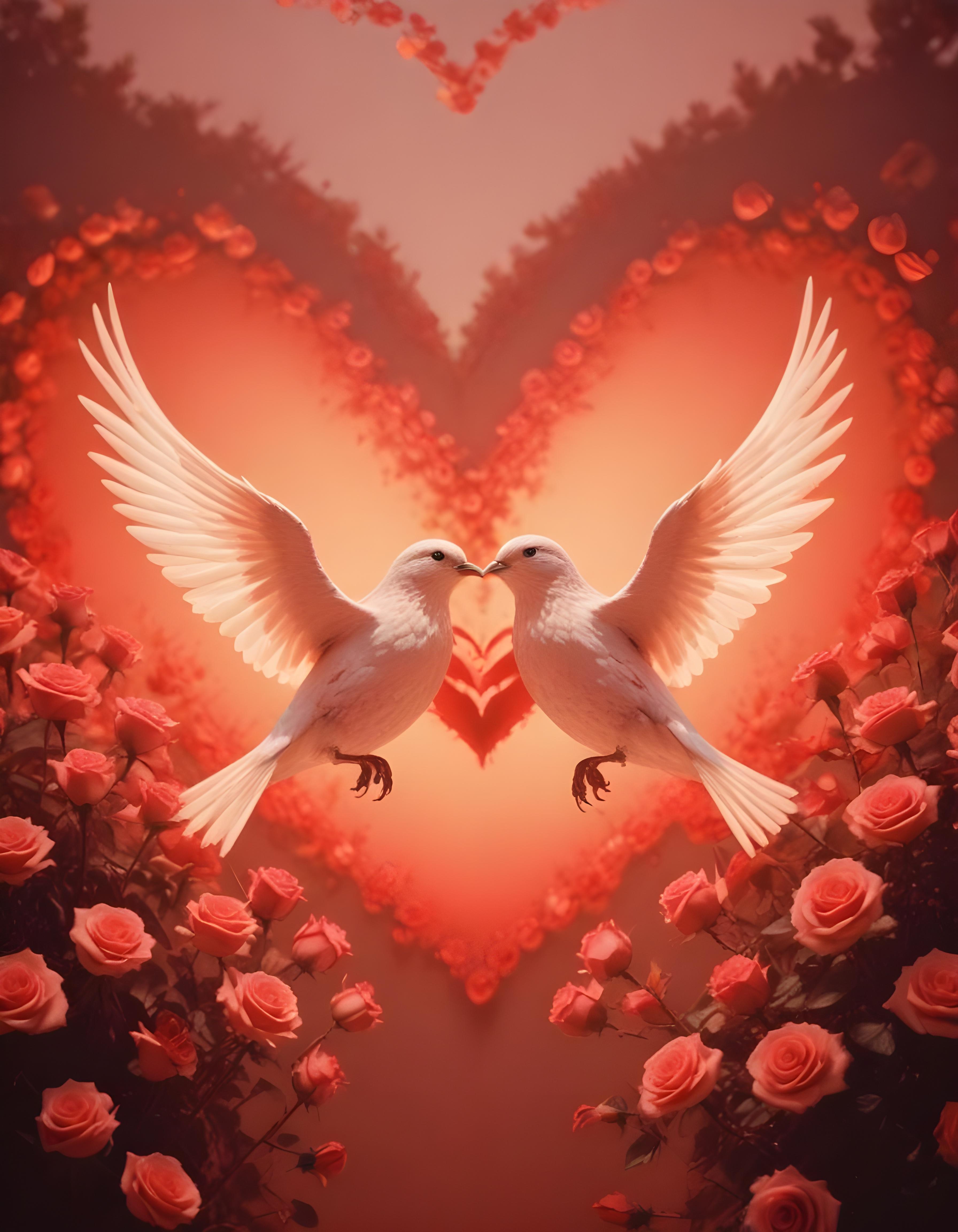 Romantic Love Birds Illustration with Floral Heart Frame and Valentine Theme
