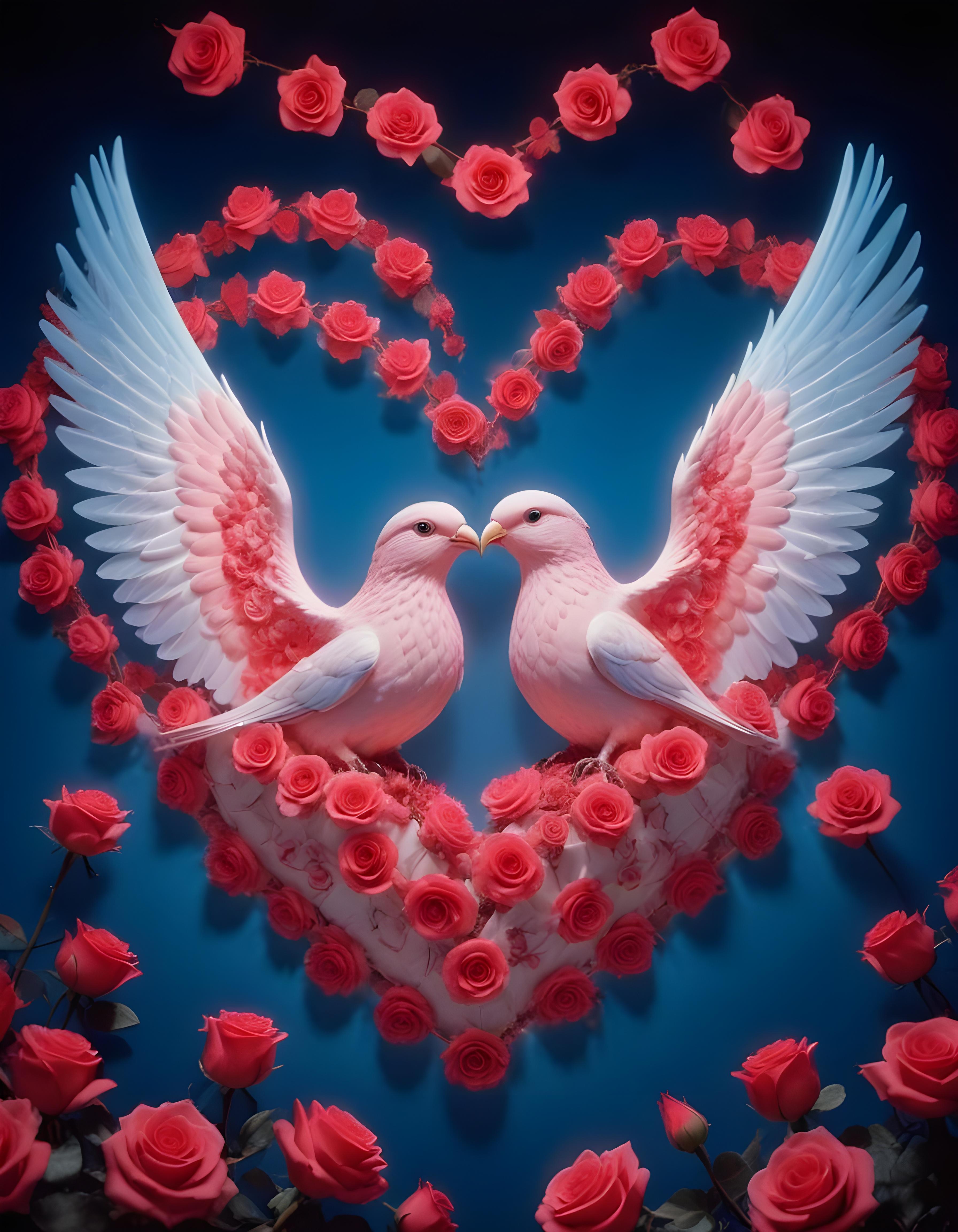 Romantic Love Birds Illustration with Floral Heart Frame and Valentine Theme