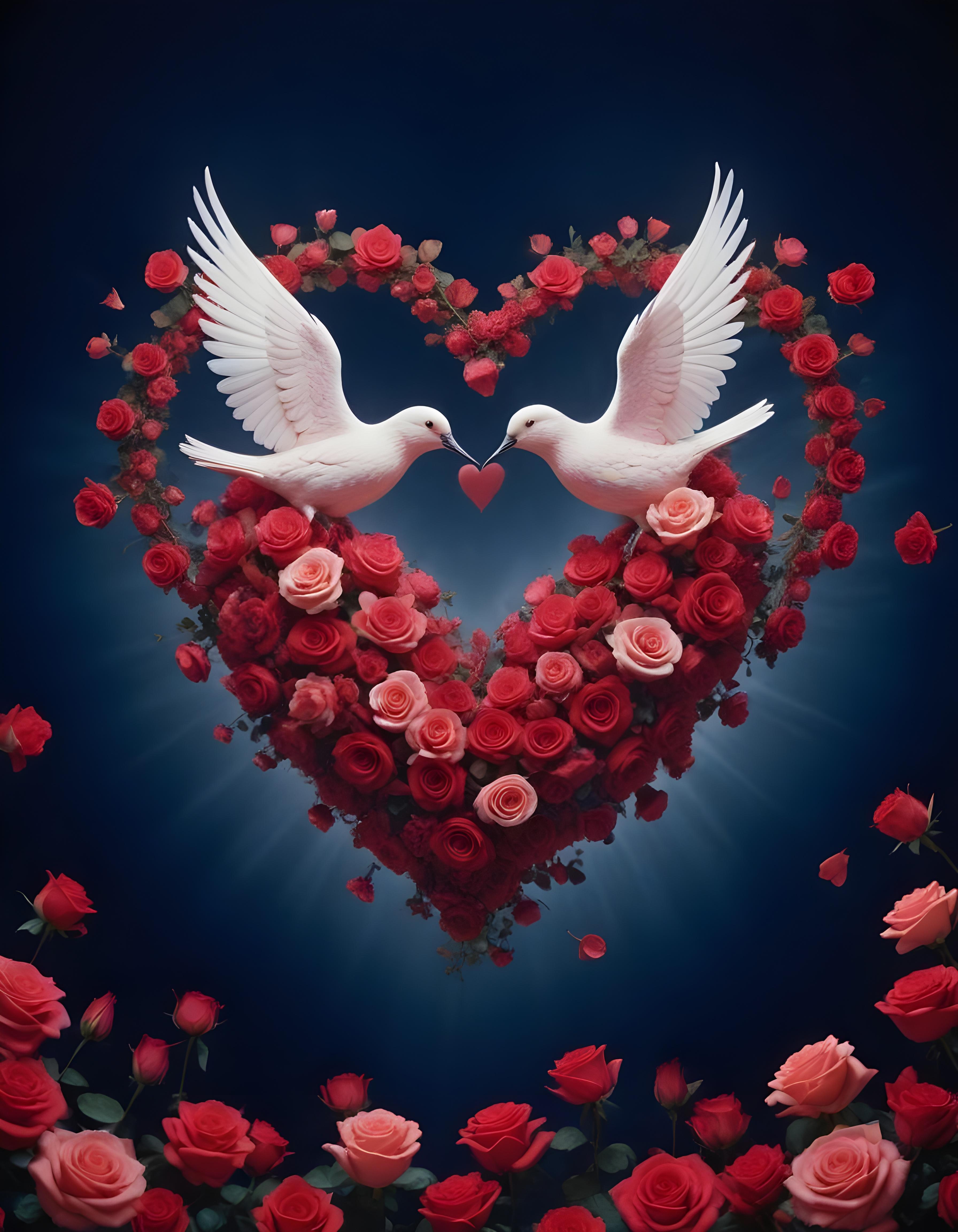 Romantic Love Birds Illustration with Floral Heart Frame and Valentine Theme