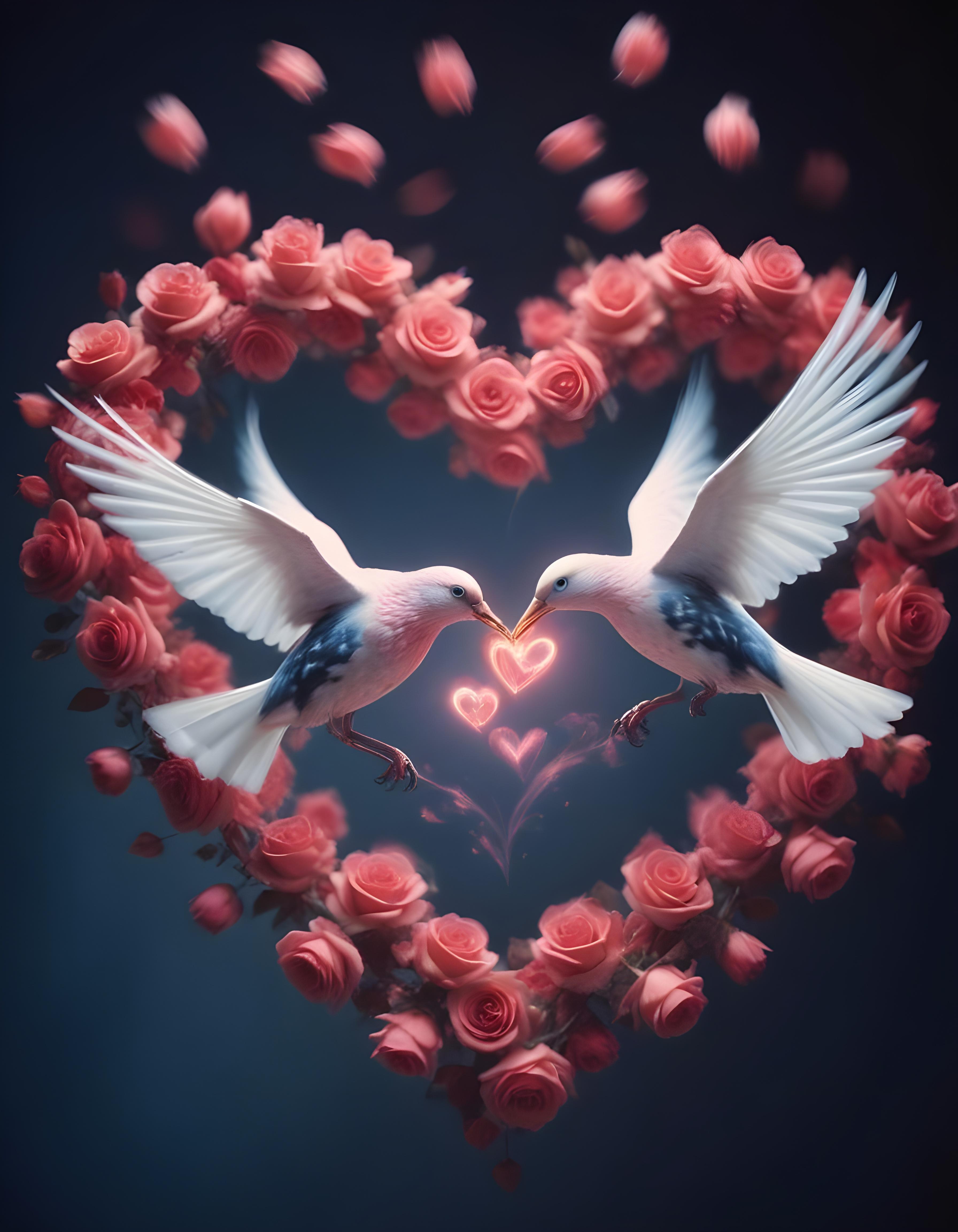Romantic Love Birds Illustration with Floral Heart Frame and Valentine Theme