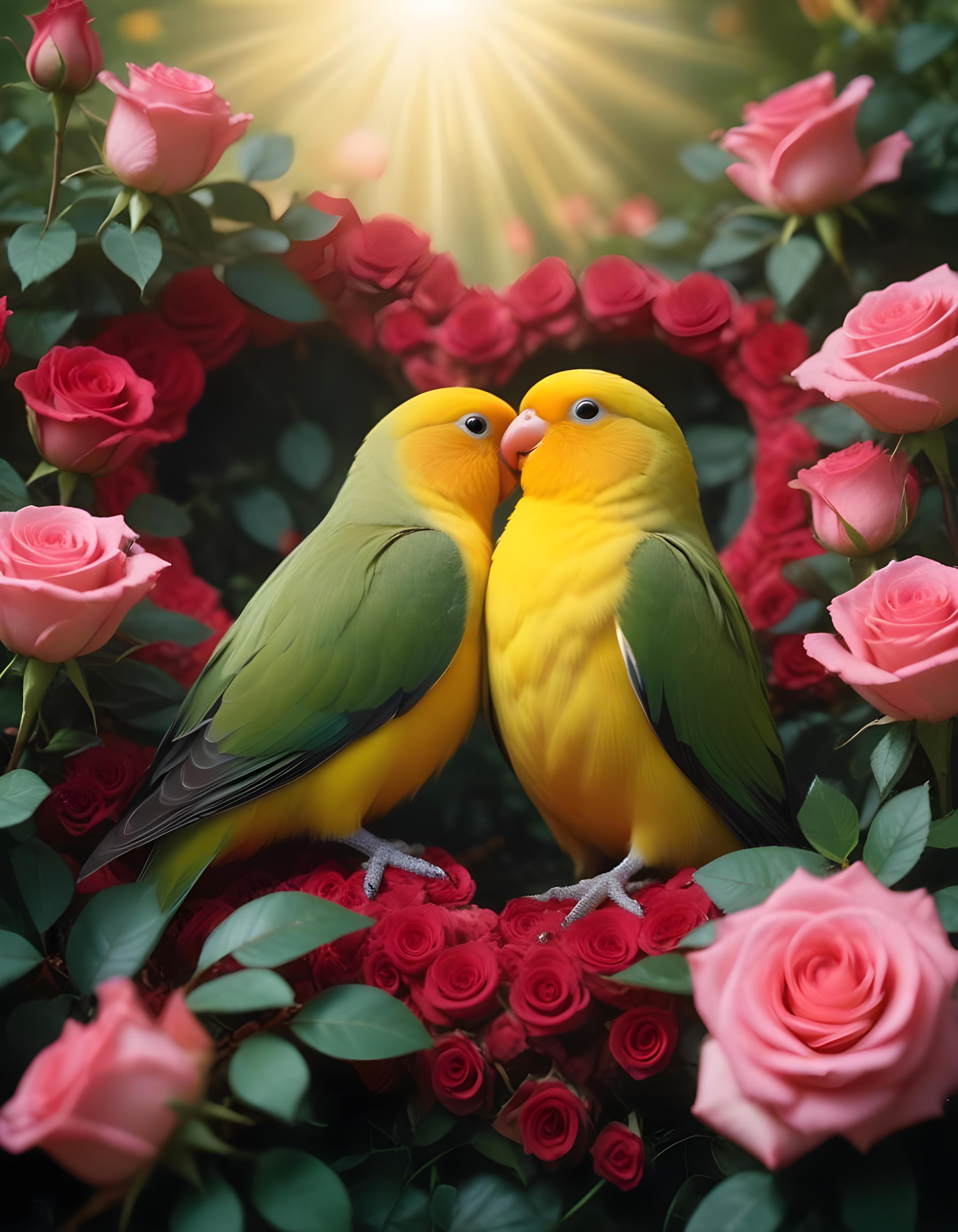 Romantic Love Birds Illustration with Floral Heart Frame and Valentine Theme