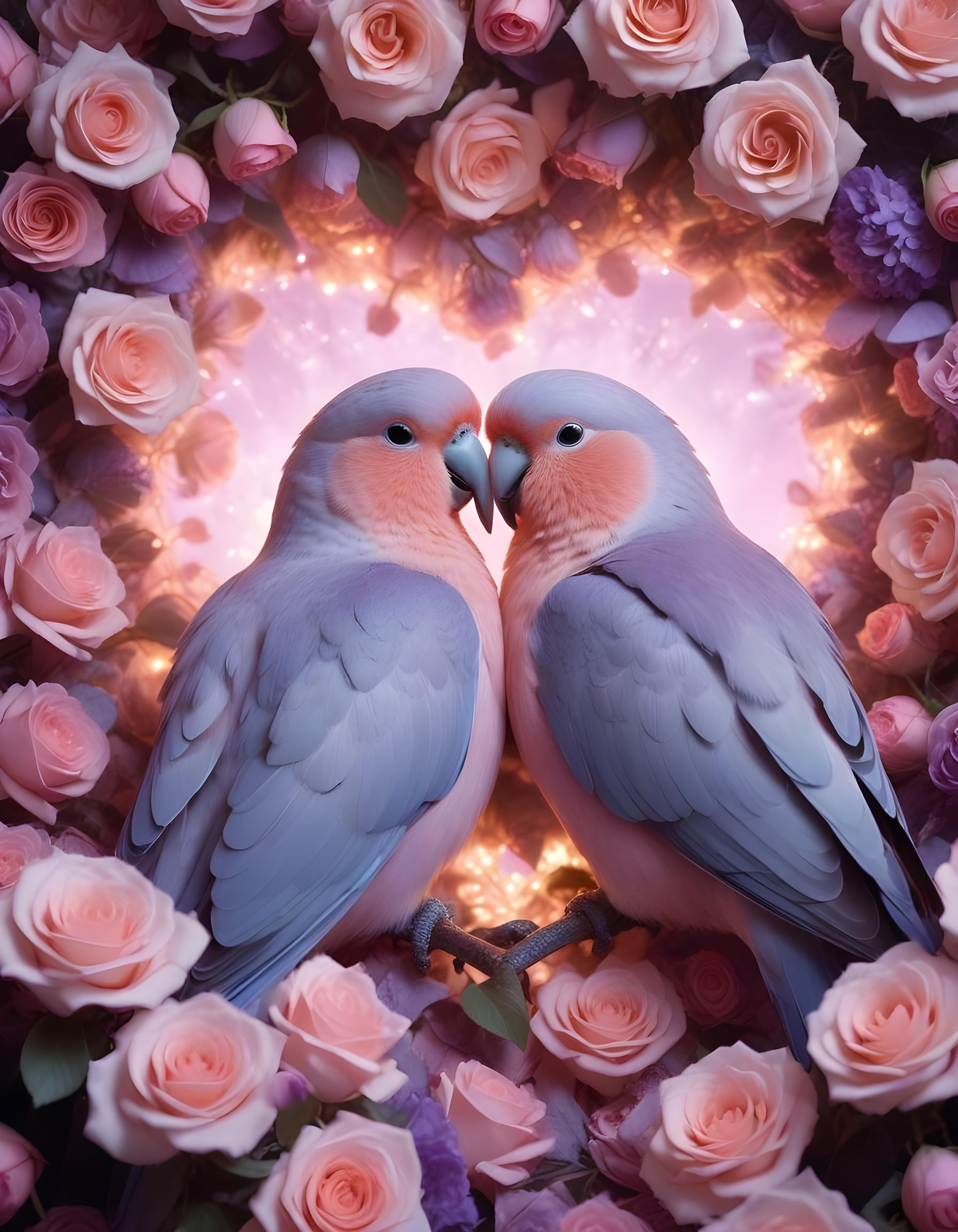 Romantic Love Birds Illustration with Floral Heart Frame and Valentine Theme