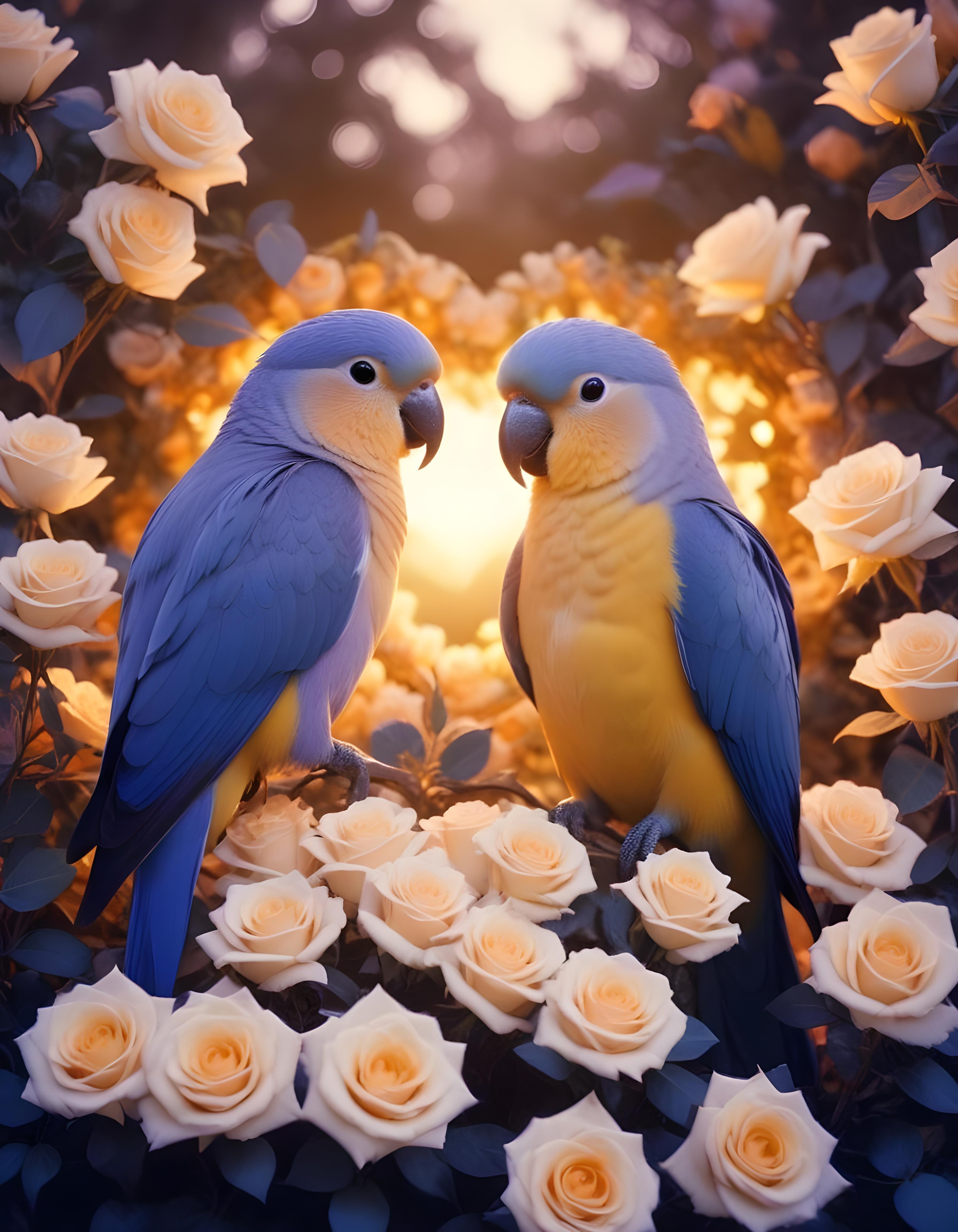 Romantic Love Birds Illustration with Floral Heart Frame and Valentine Theme