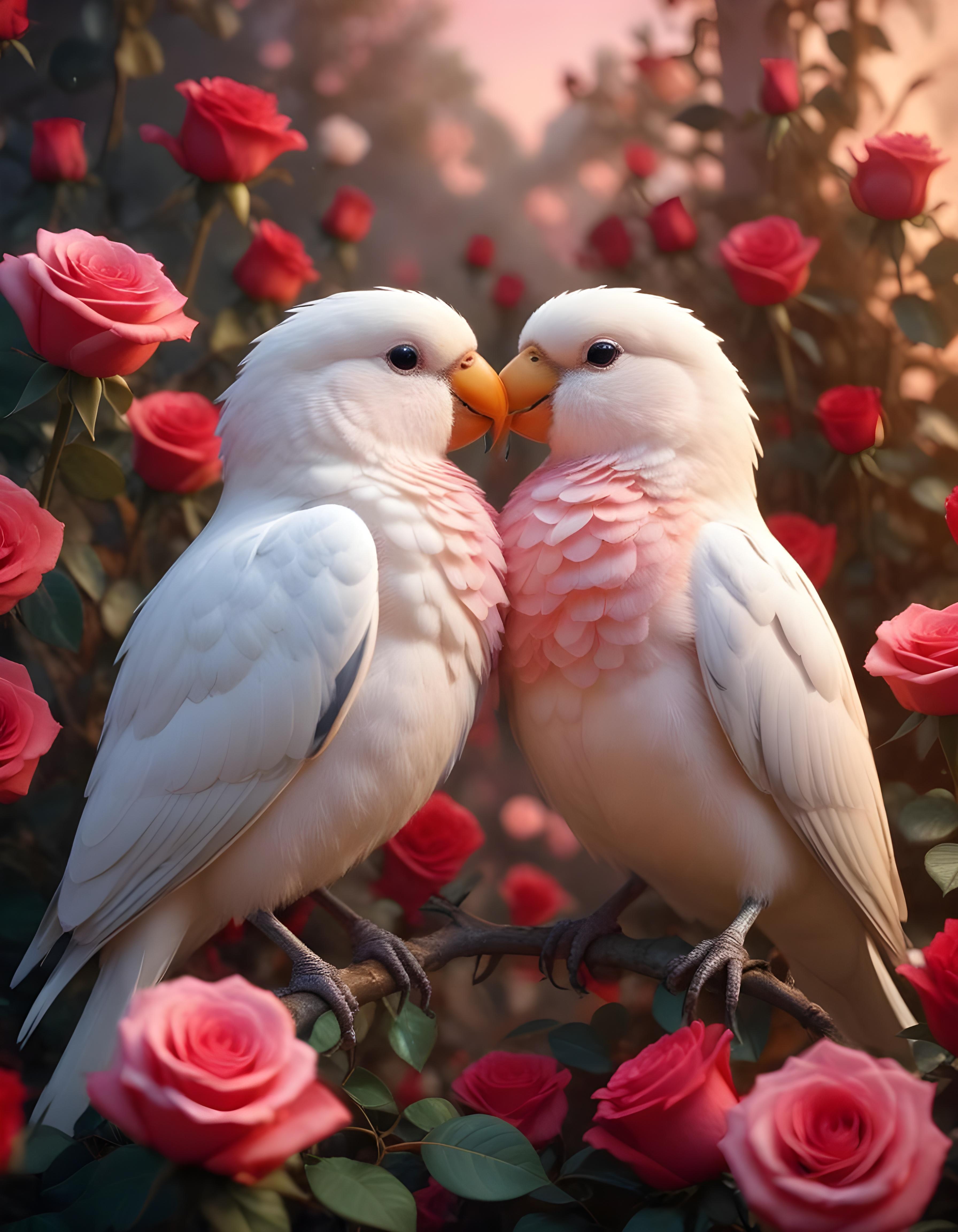 Romantic Love Birds Illustration with Floral Heart Frame and Valentine Theme
