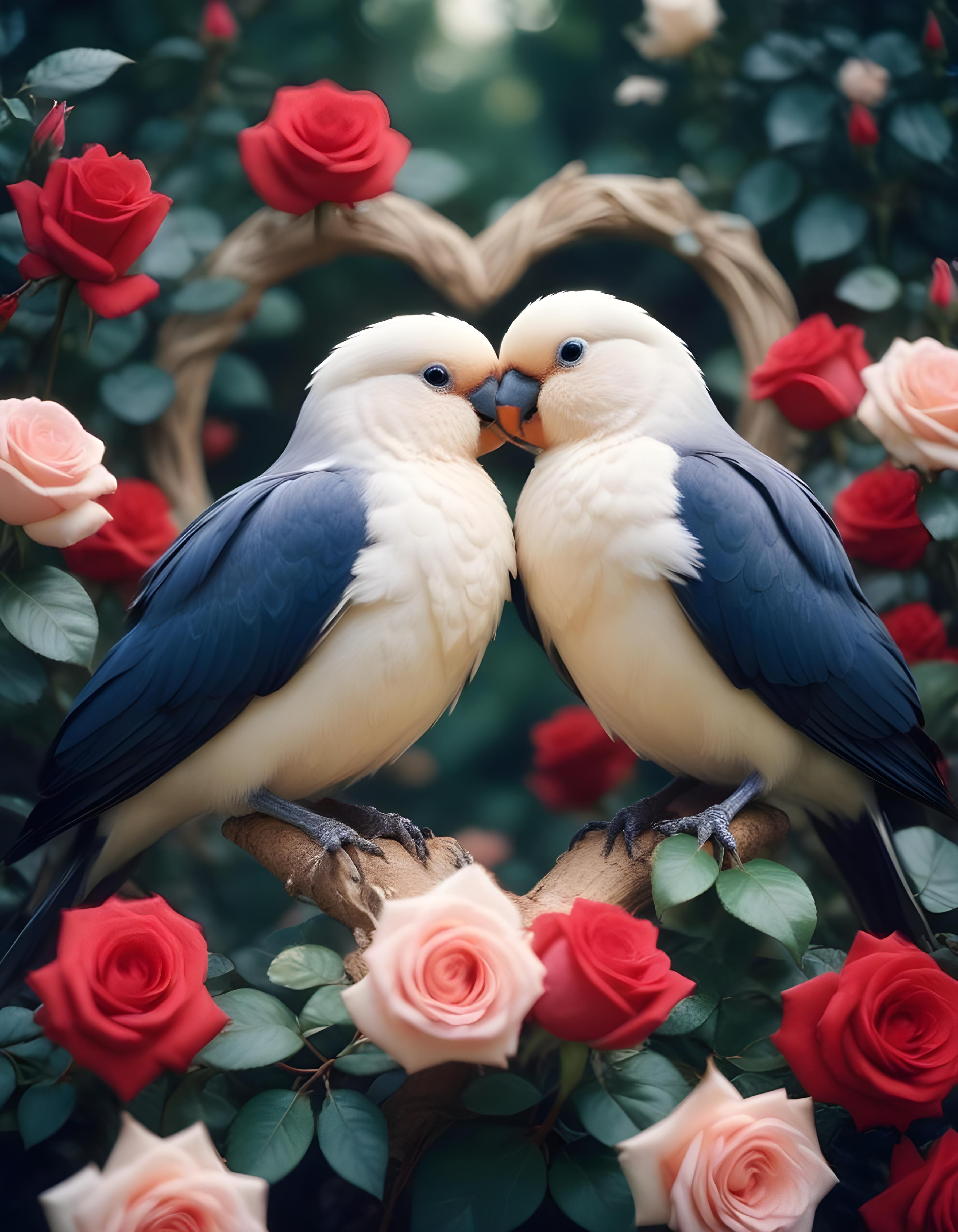 Romantic Love Birds Illustration with Floral Heart Frame and Valentine Theme