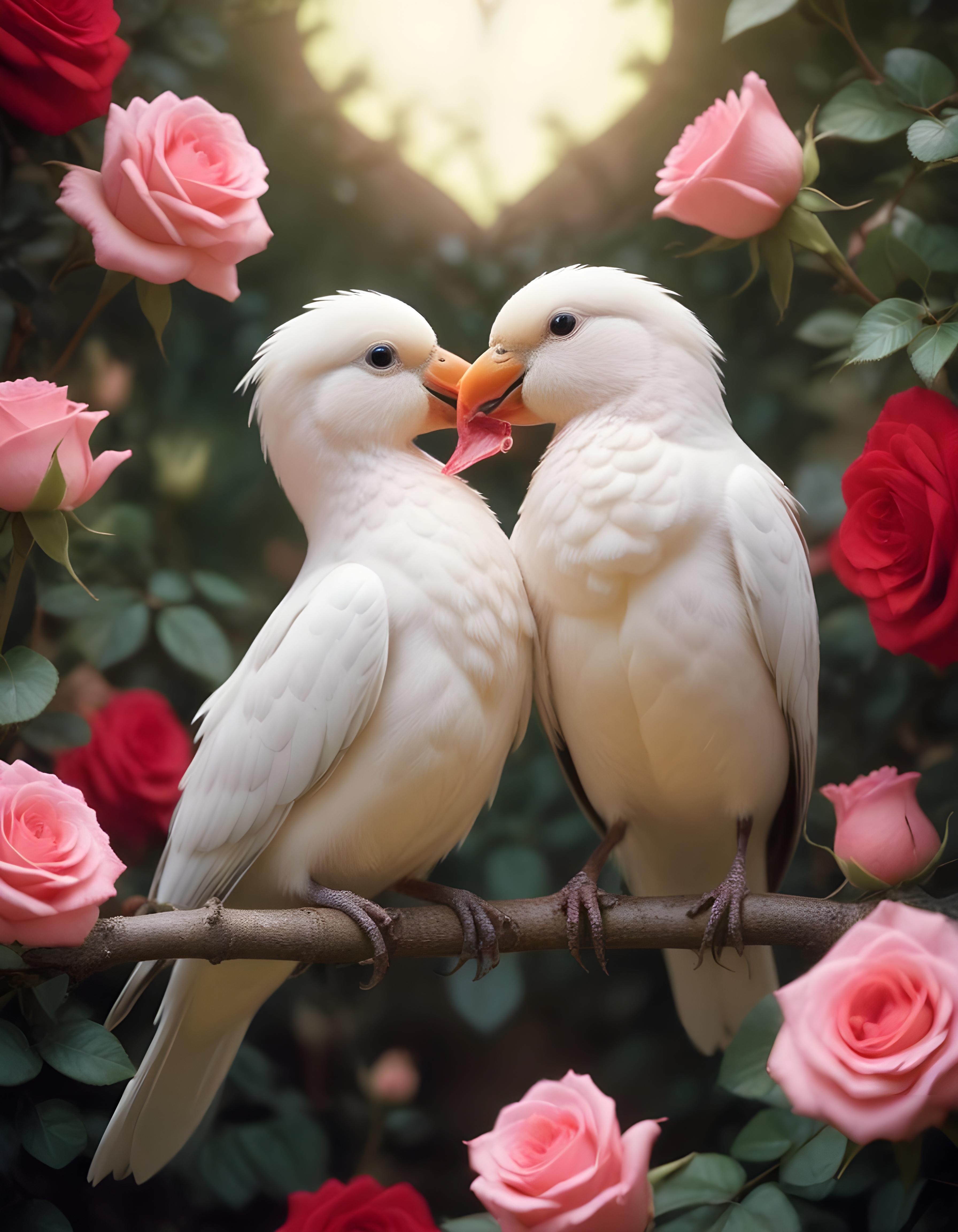 Romantic Love Birds Illustration with Floral Heart Frame and Valentine Theme