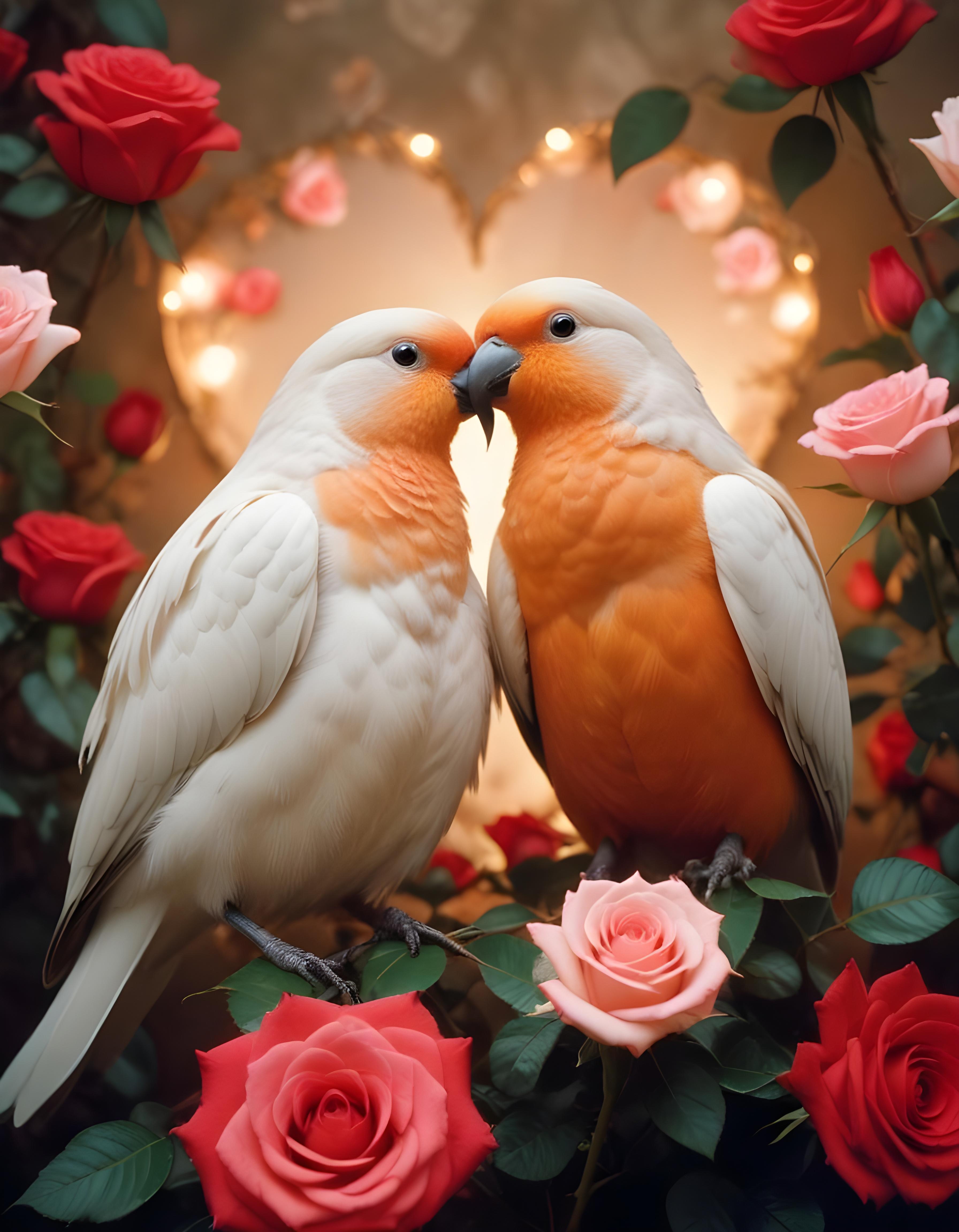 Romantic Love Birds Illustration with Floral Heart Frame and Valentine Theme