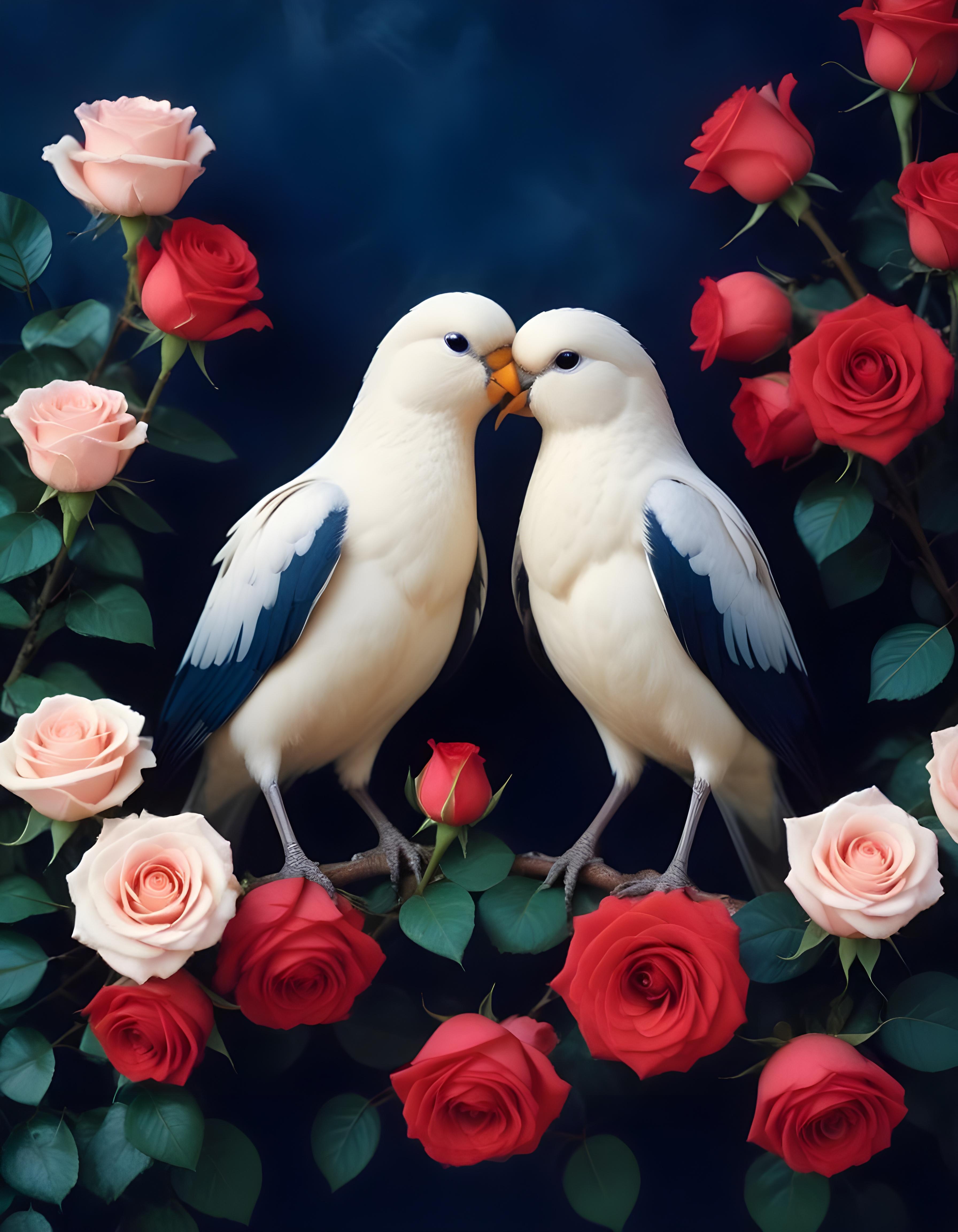 Romantic Love Birds Illustration with Floral Heart Frame and Valentine Theme