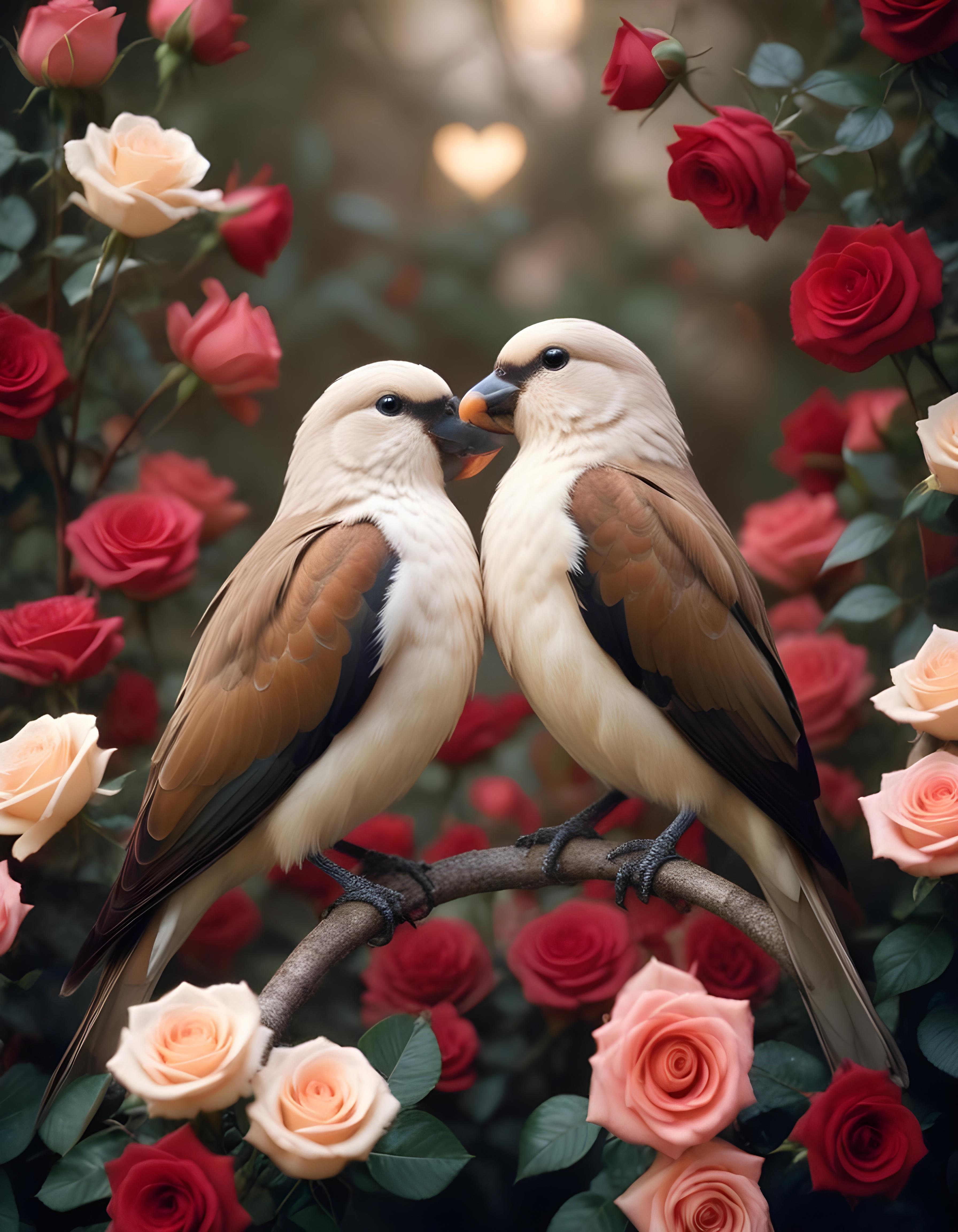 Romantic Love Birds Illustration with Floral Heart Frame and Valentine Theme