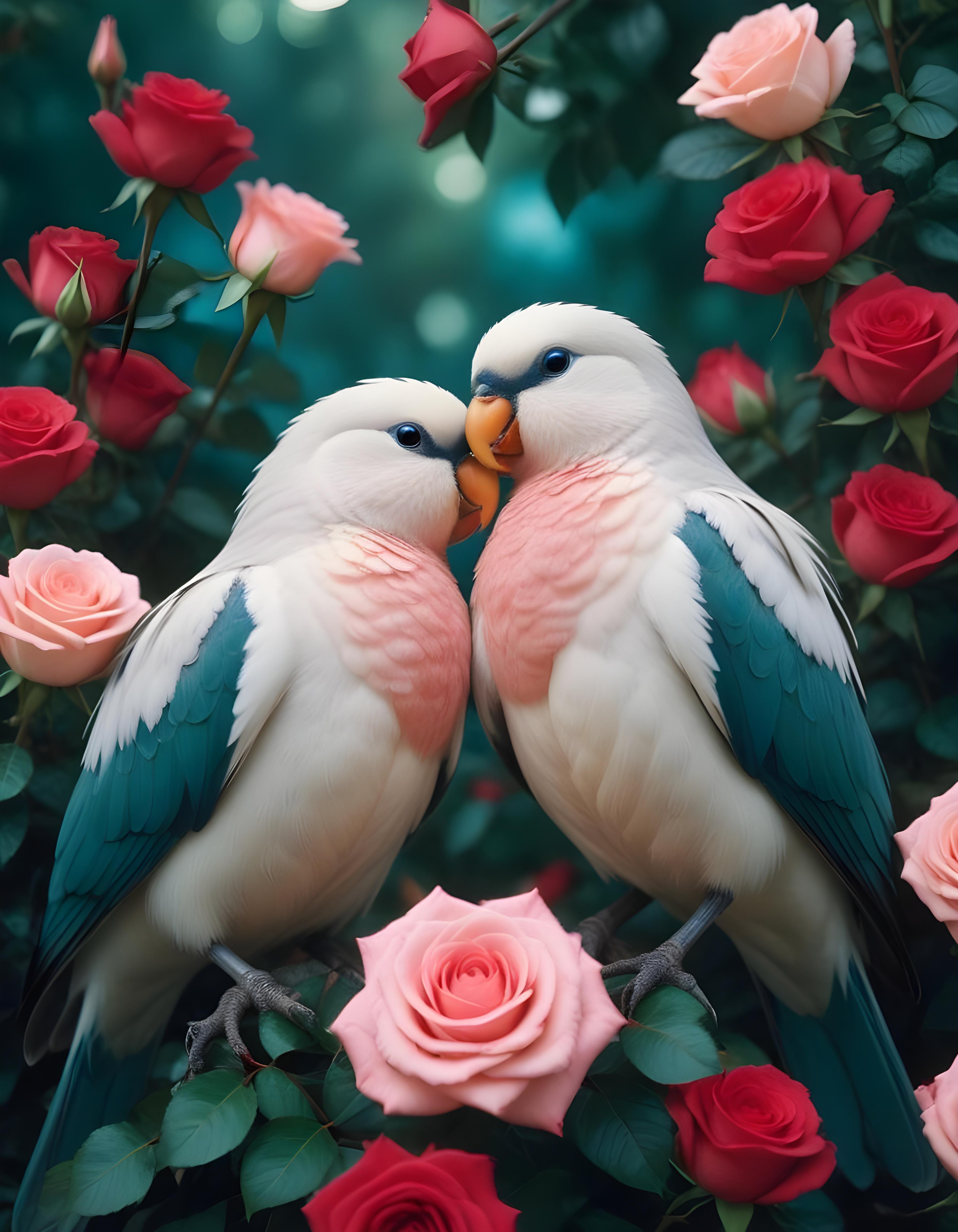 Romantic Love Birds Illustration with Floral Heart Frame and Valentine Theme