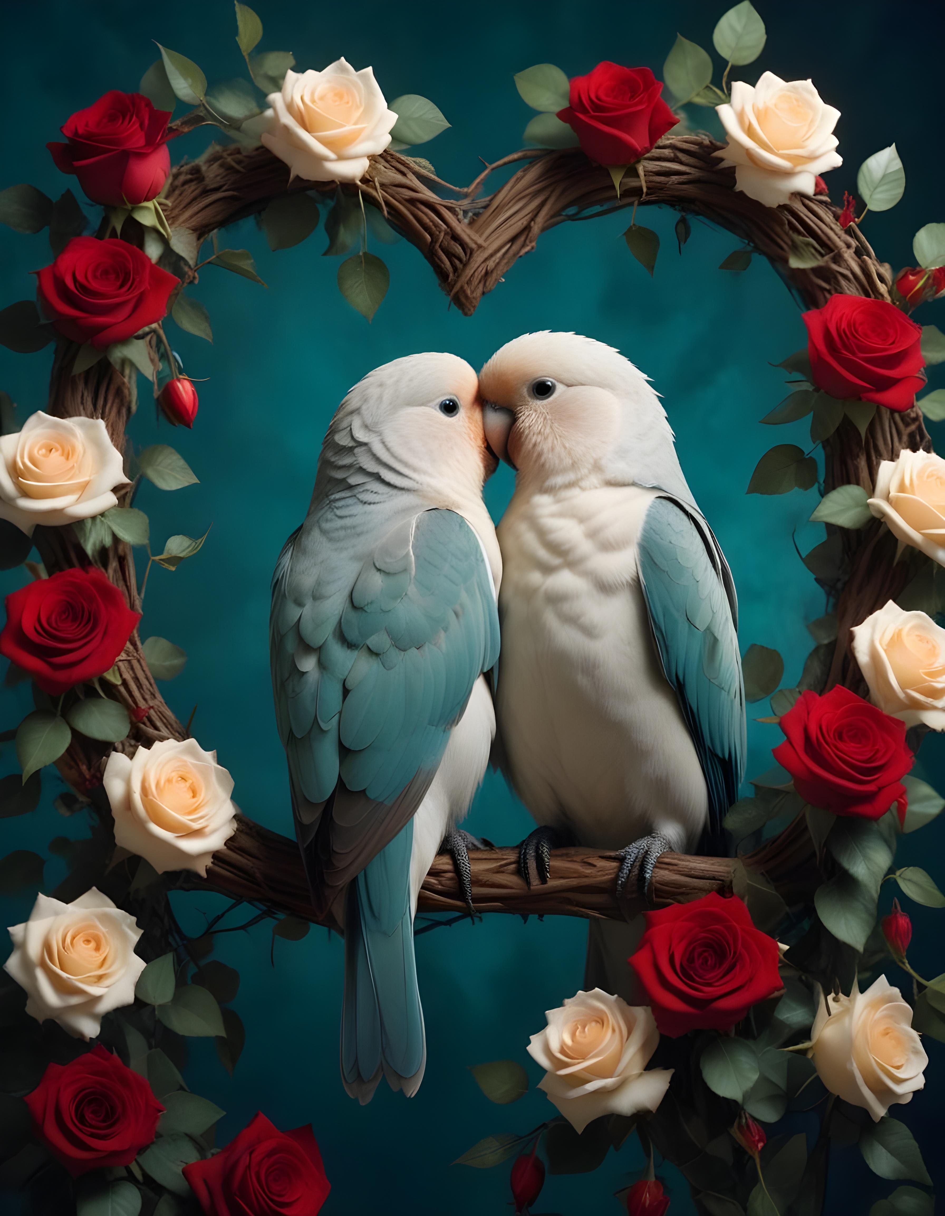 Romantic Love Birds Illustration with Floral Heart Frame and Valentine Theme