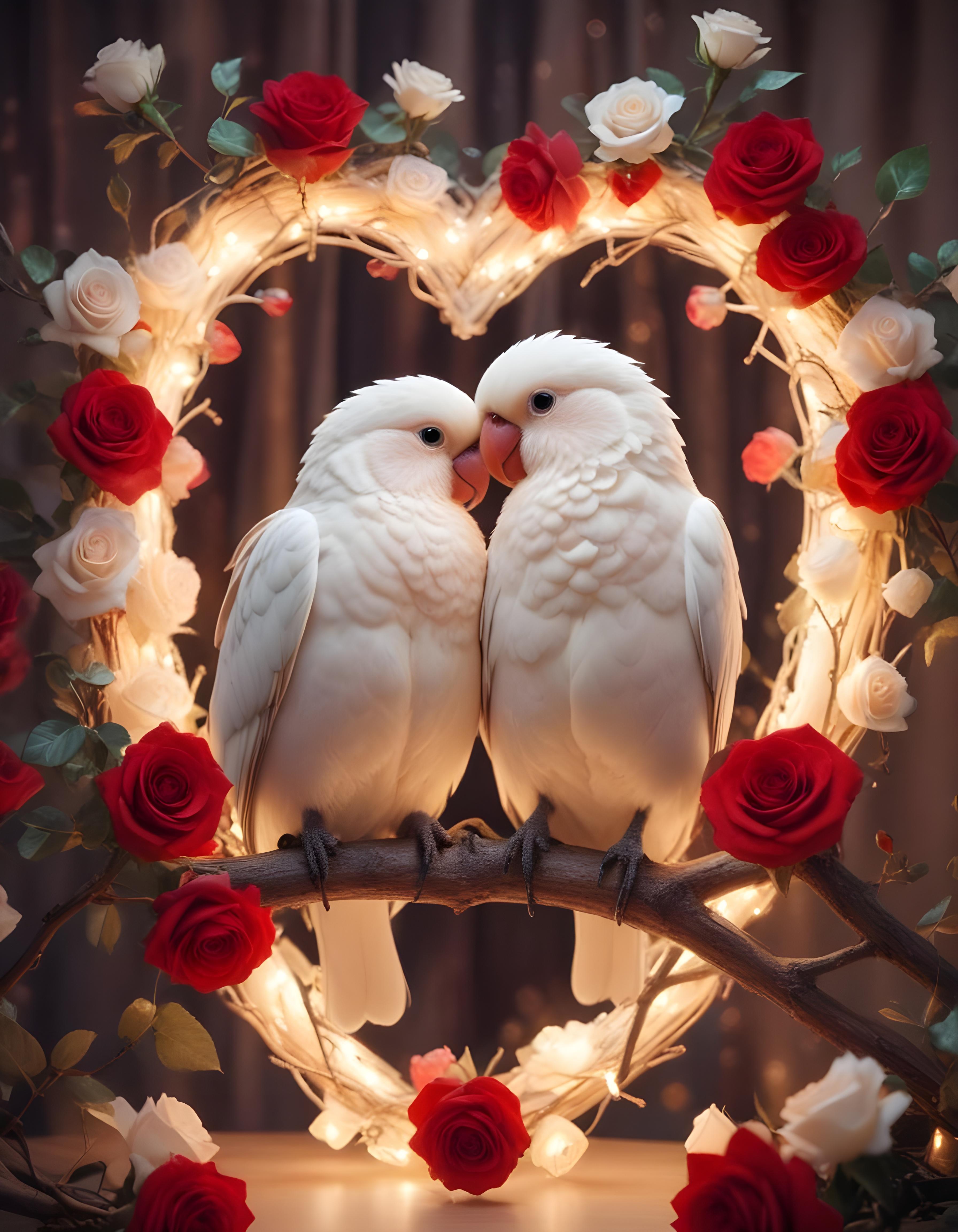 Romantic Love Birds Illustration with Floral Heart Frame and Valentine Theme