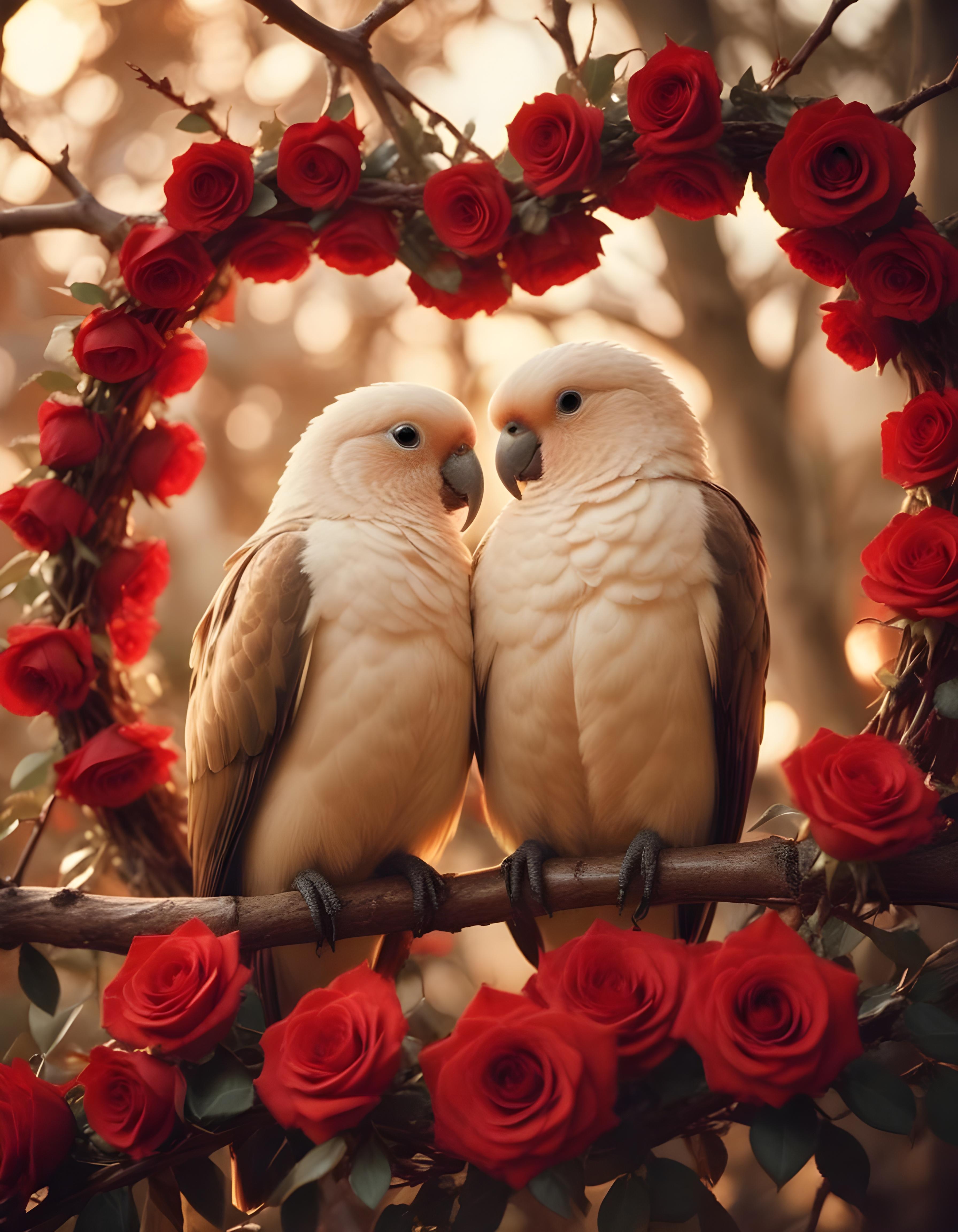 Romantic Love Birds Illustration with Floral Heart Frame and Valentine Theme