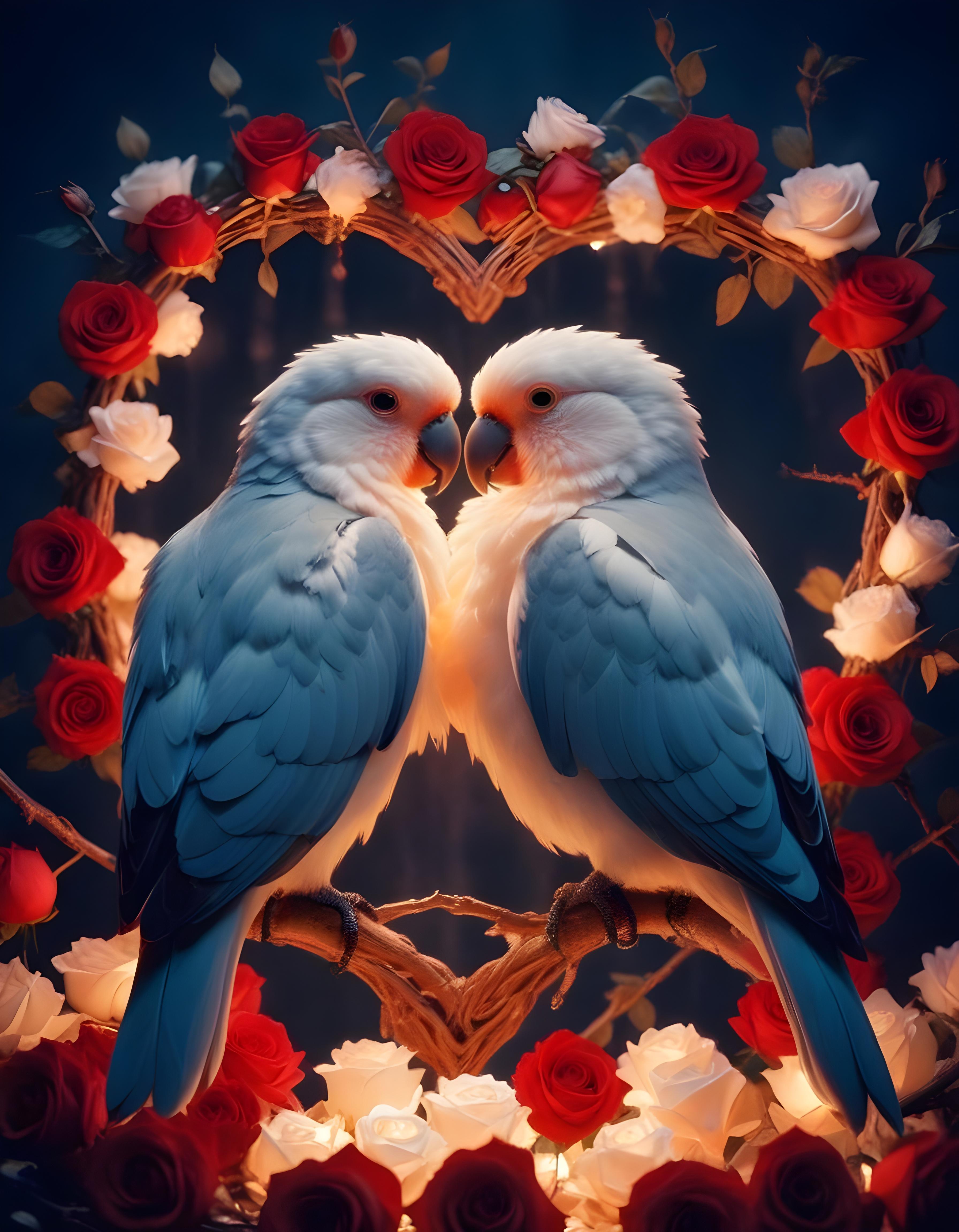 Romantic Love Birds Illustration with Floral Heart Frame and Valentine Theme