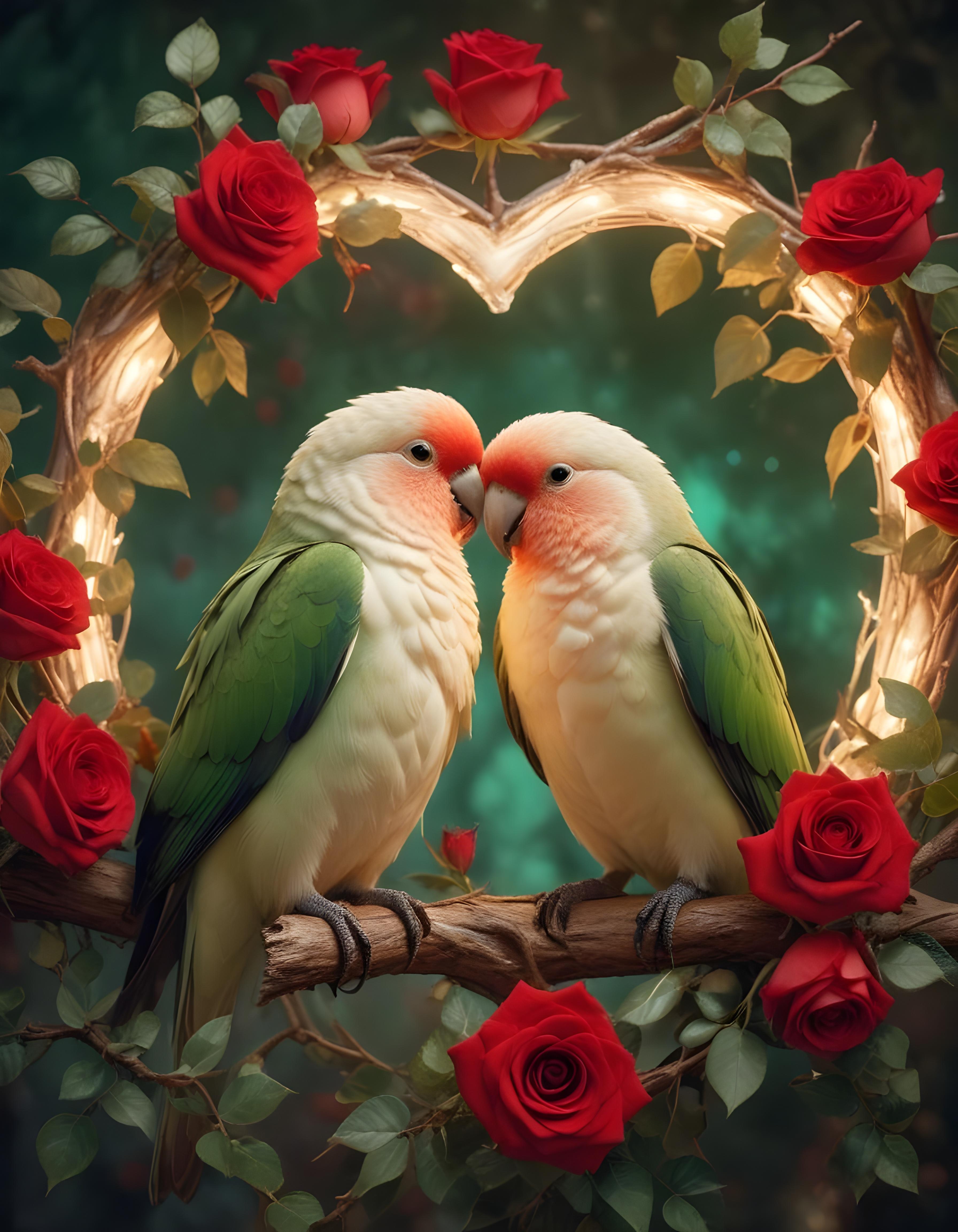 Romantic Love Birds Illustration with Floral Heart Frame and Valentine Theme