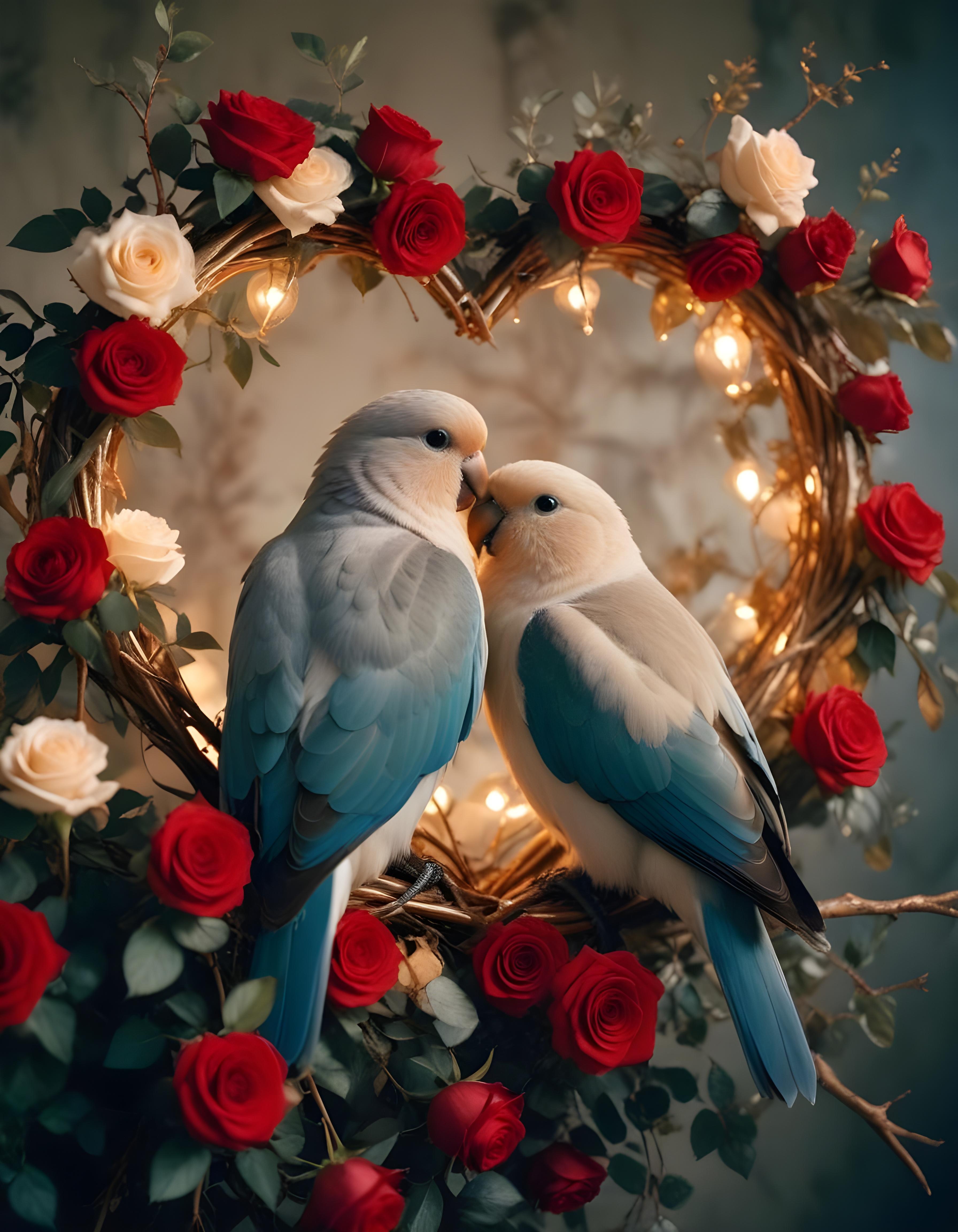 Romantic Love Birds Illustration with Floral Heart Frame and Valentine Theme
