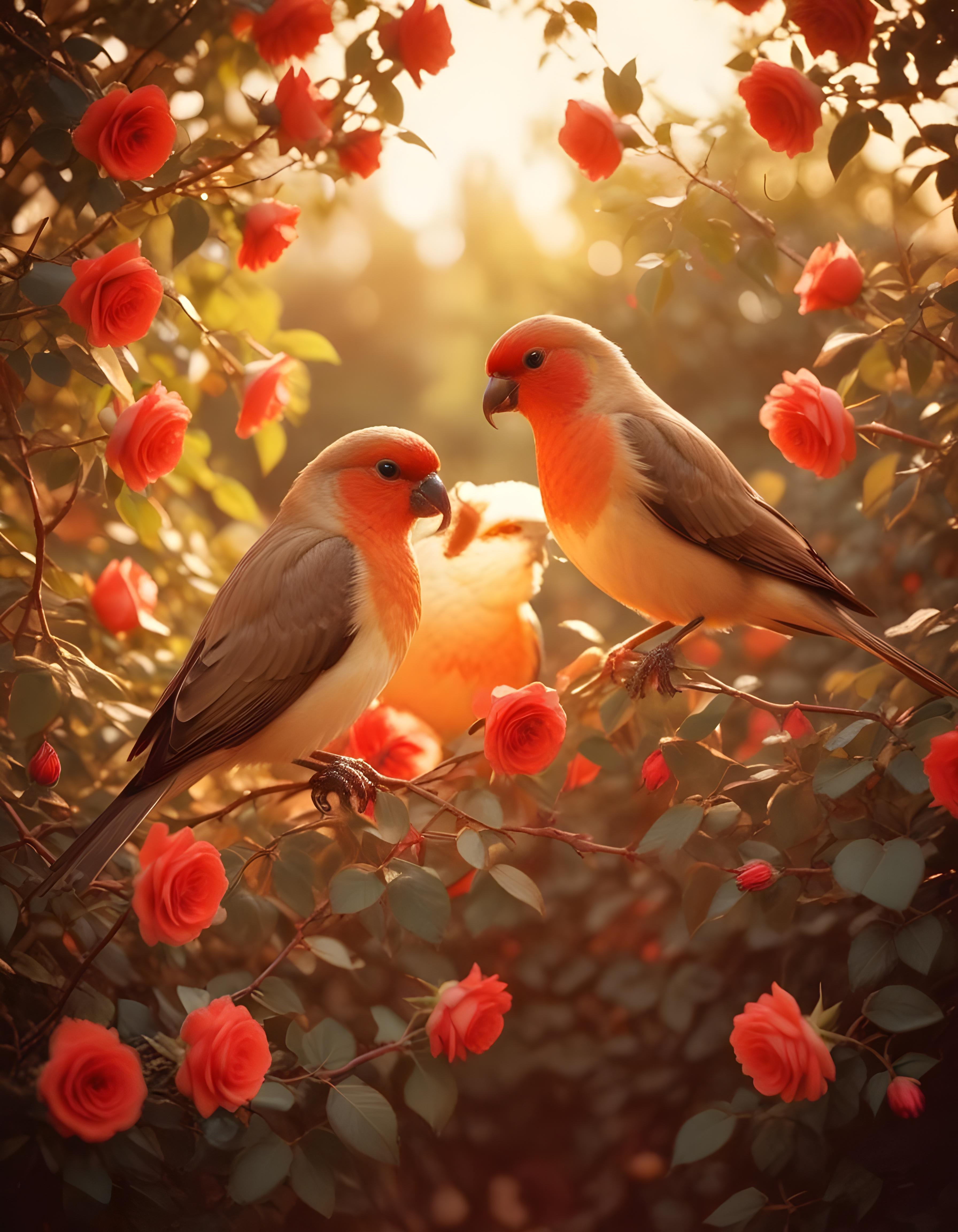 Romantic Love Birds Illustration with Floral Heart Frame and Valentine Theme