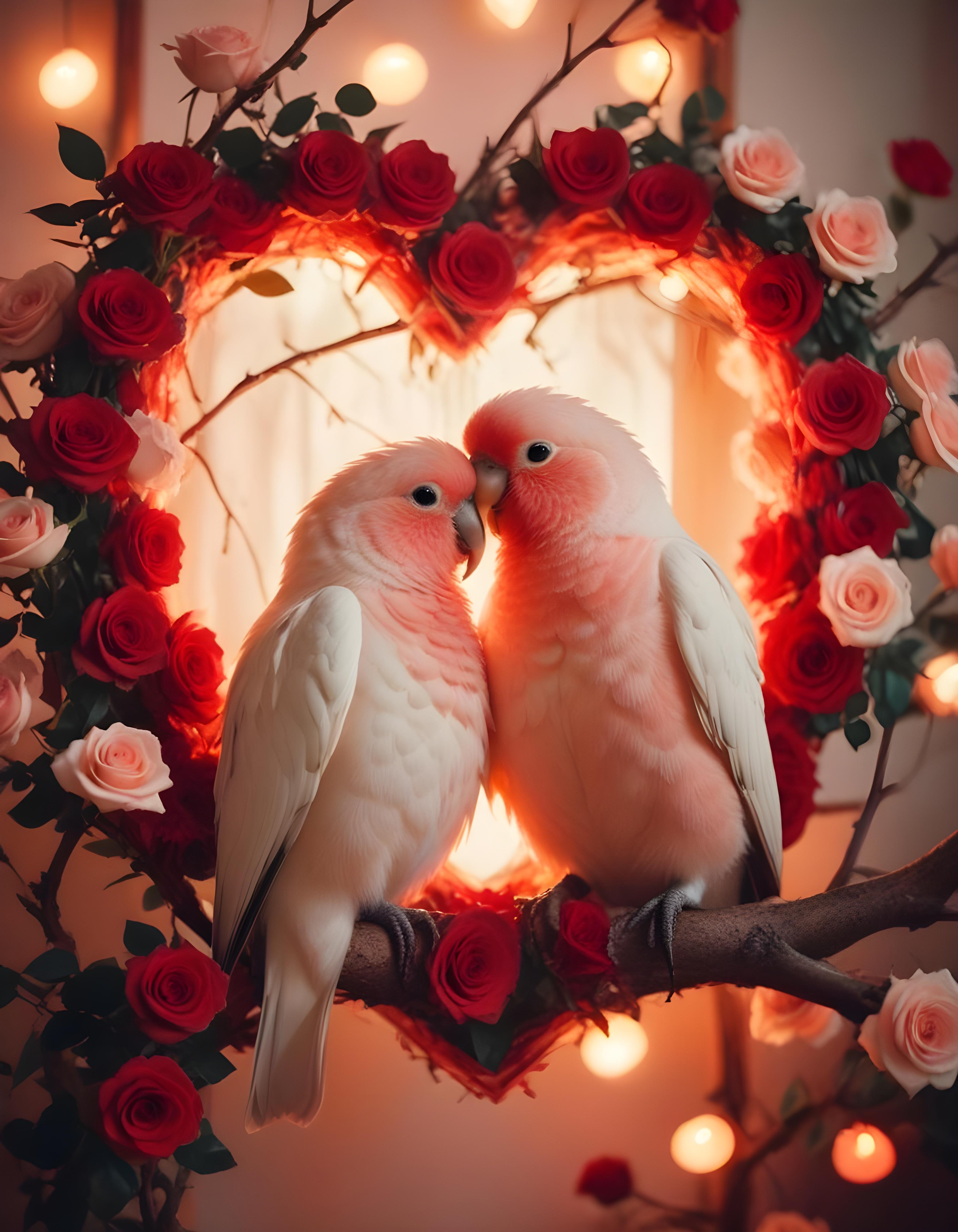 Romantic Love Birds Illustration with Floral Heart Frame and Valentine Theme