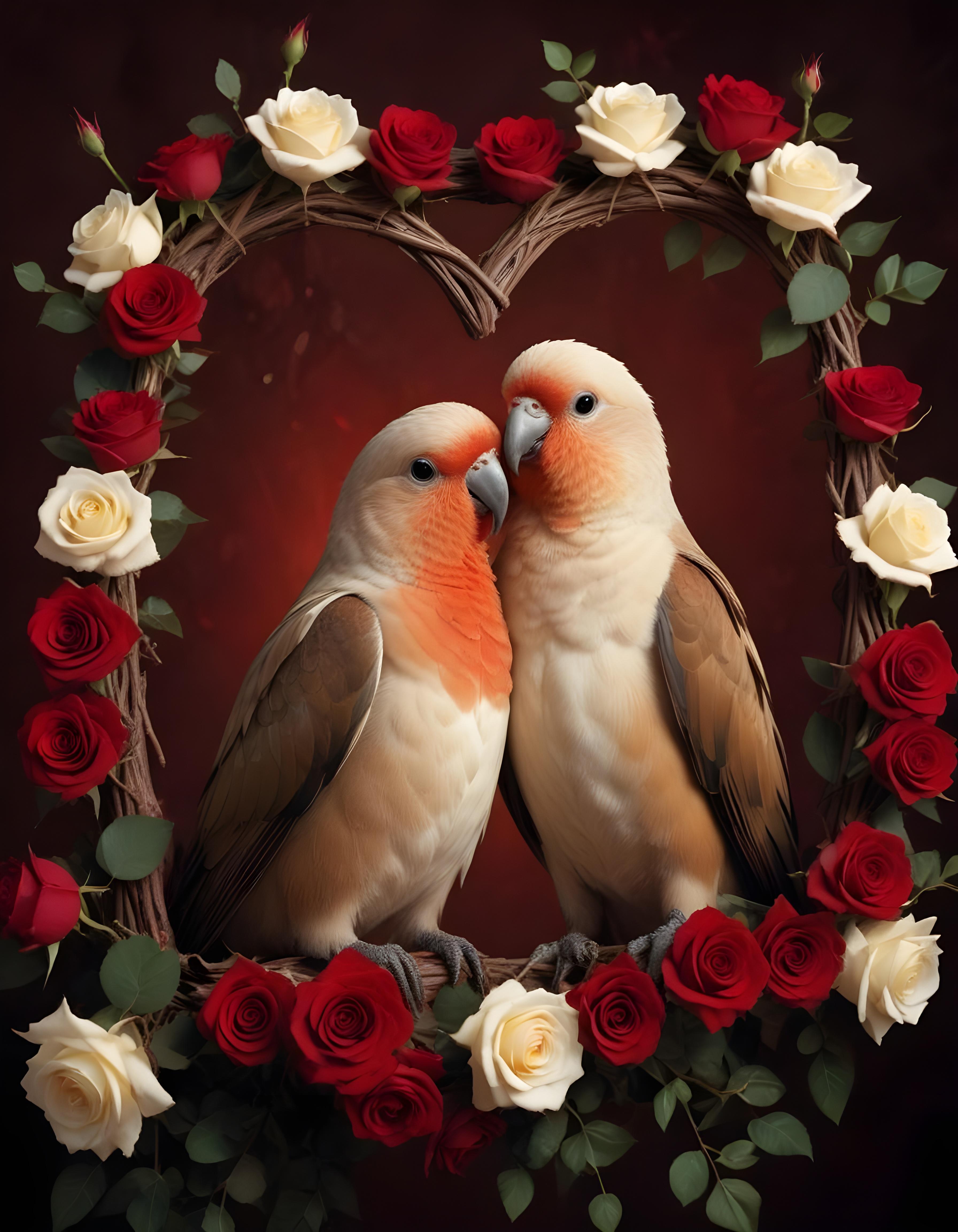 Romantic Love Birds Illustration with Floral Heart Frame and Valentine Theme