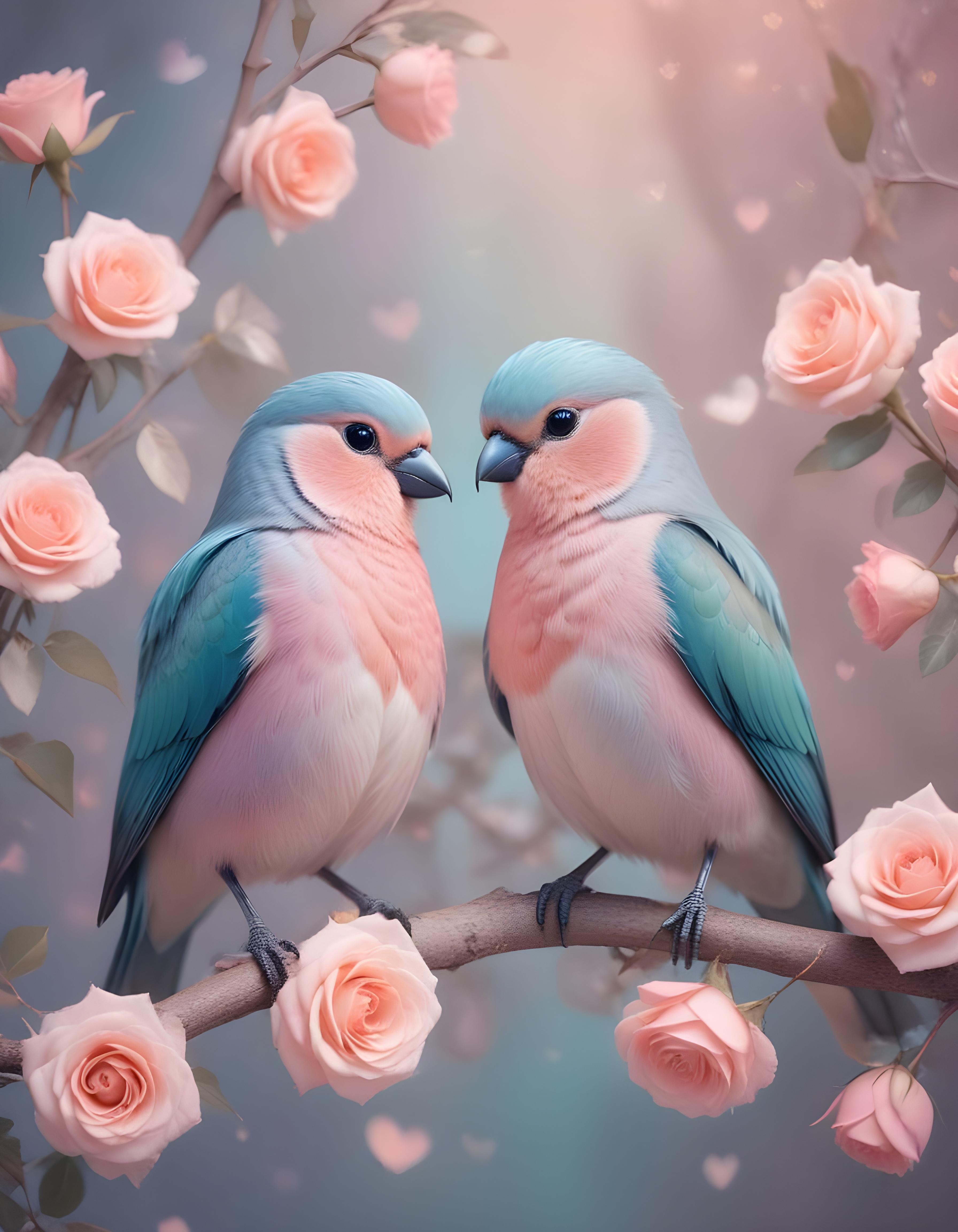 Romantic Love Birds Illustration with Floral Heart Frame and Valentine Theme
