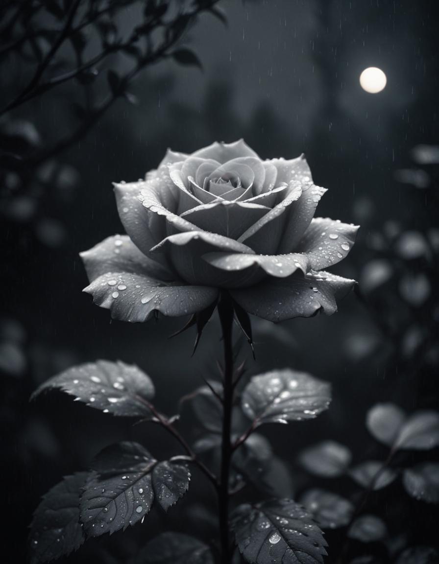 Romantic Rose Flower Under Moonlight with Dreamy Night Garden Background