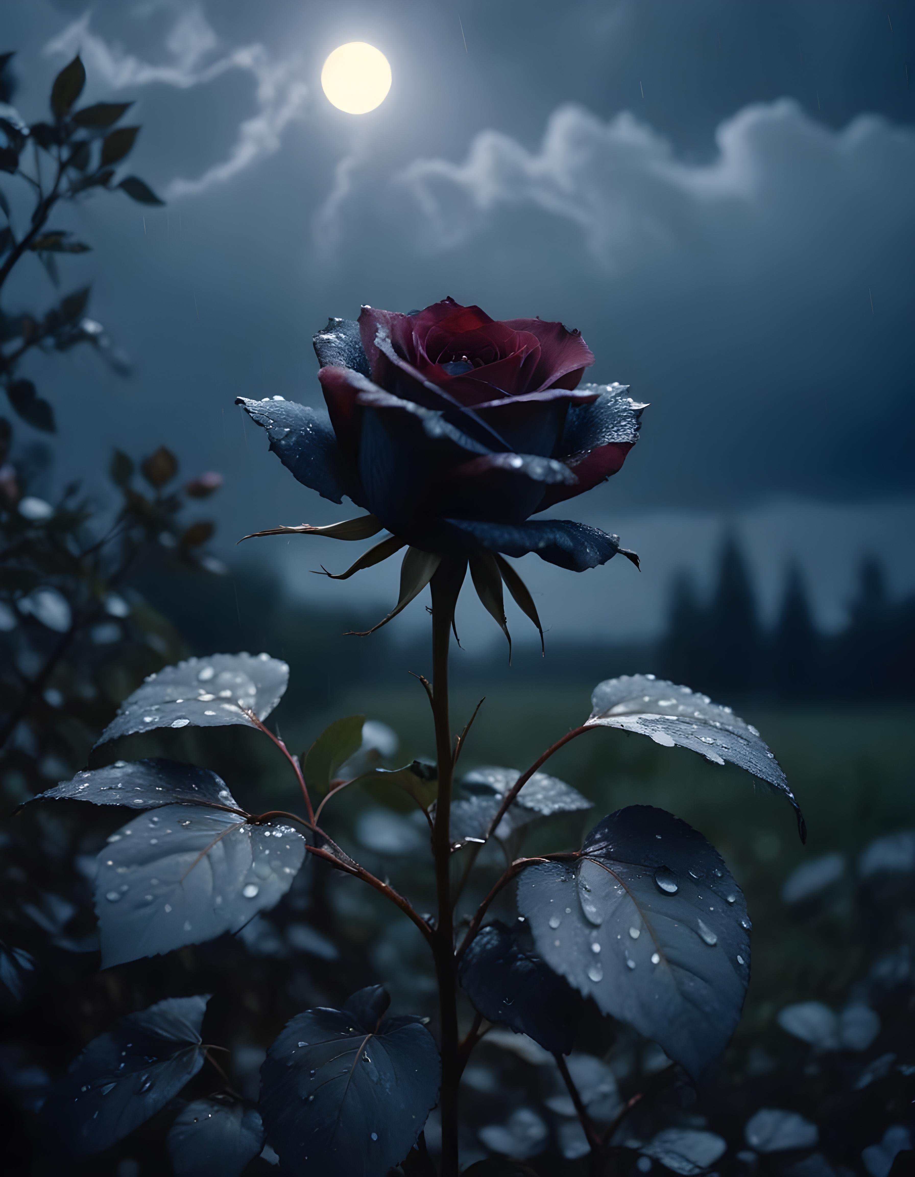Romantic Rose Flower Under Moonlight with Dreamy Night Garden Background