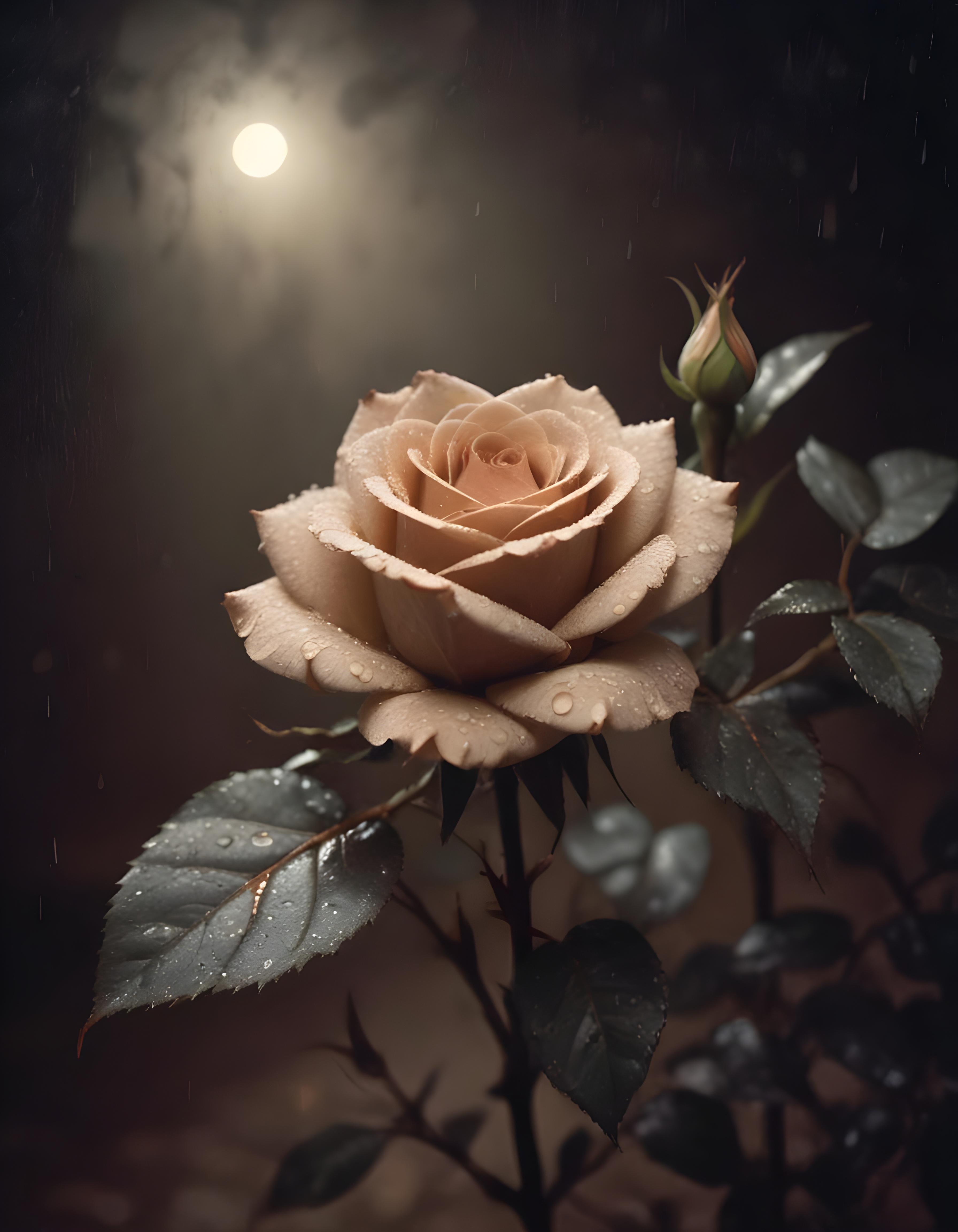 Romantic Rose Flower Under Moonlight with Dreamy Night Garden Background