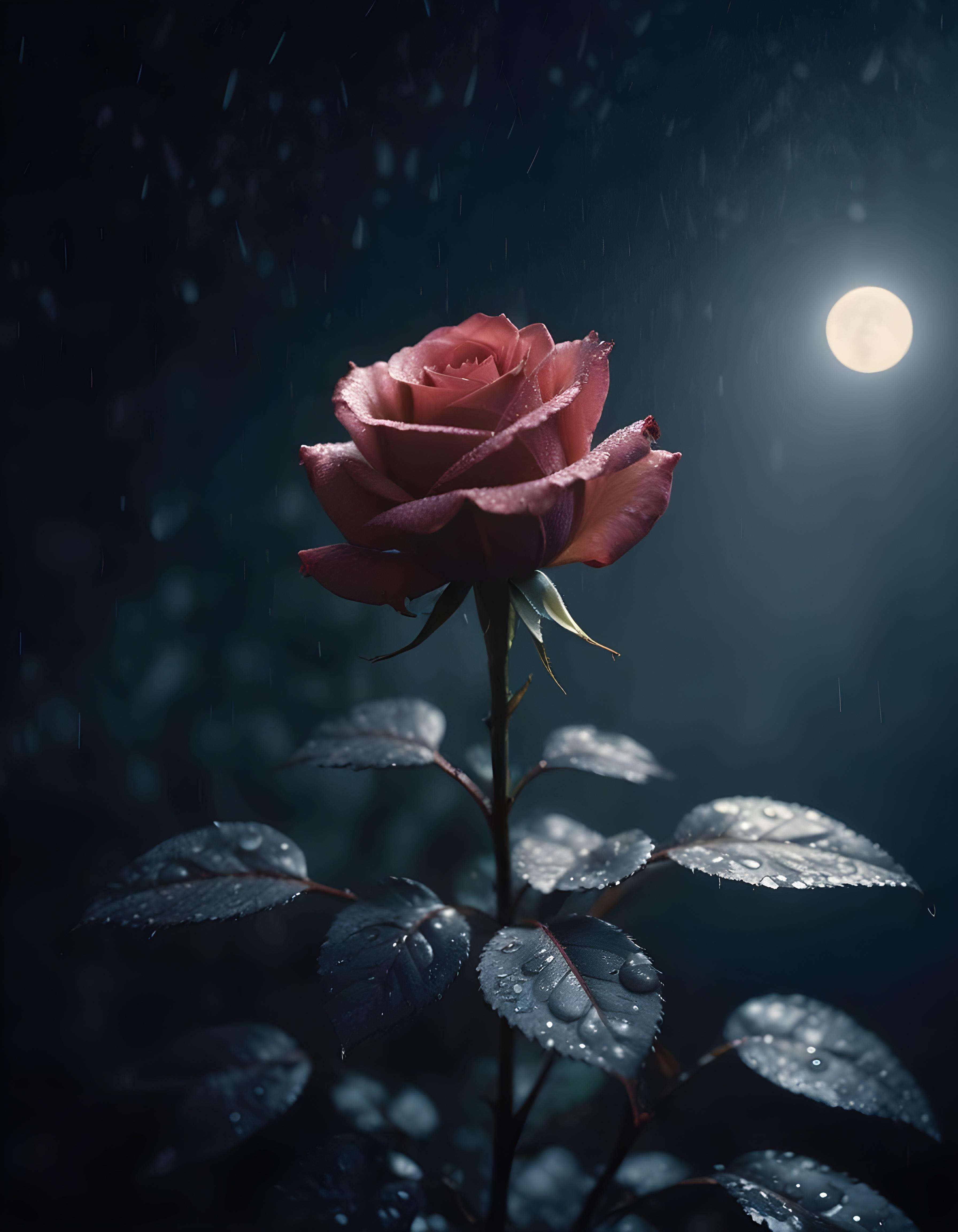 Romantic Rose Flower Under Moonlight with Dreamy Night Garden Background