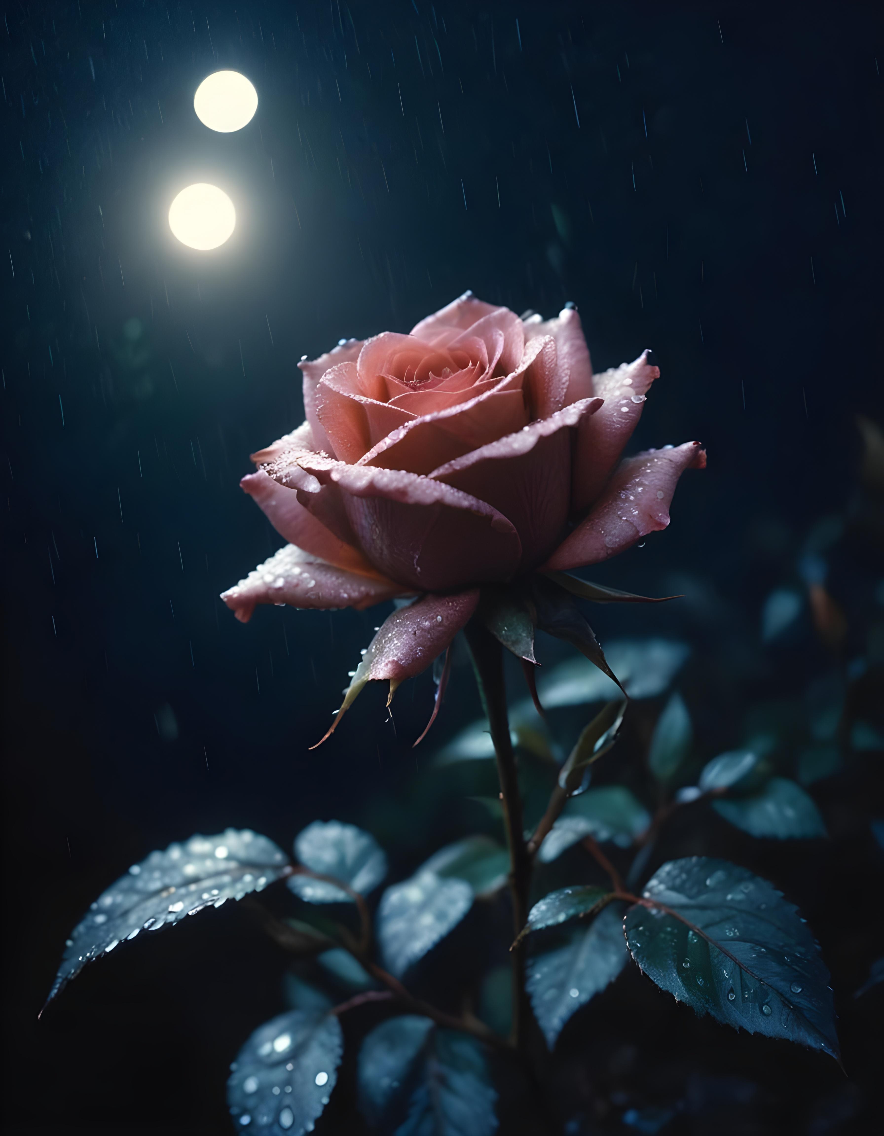 Romantic Rose Flower Under Moonlight with Dreamy Night Garden Background