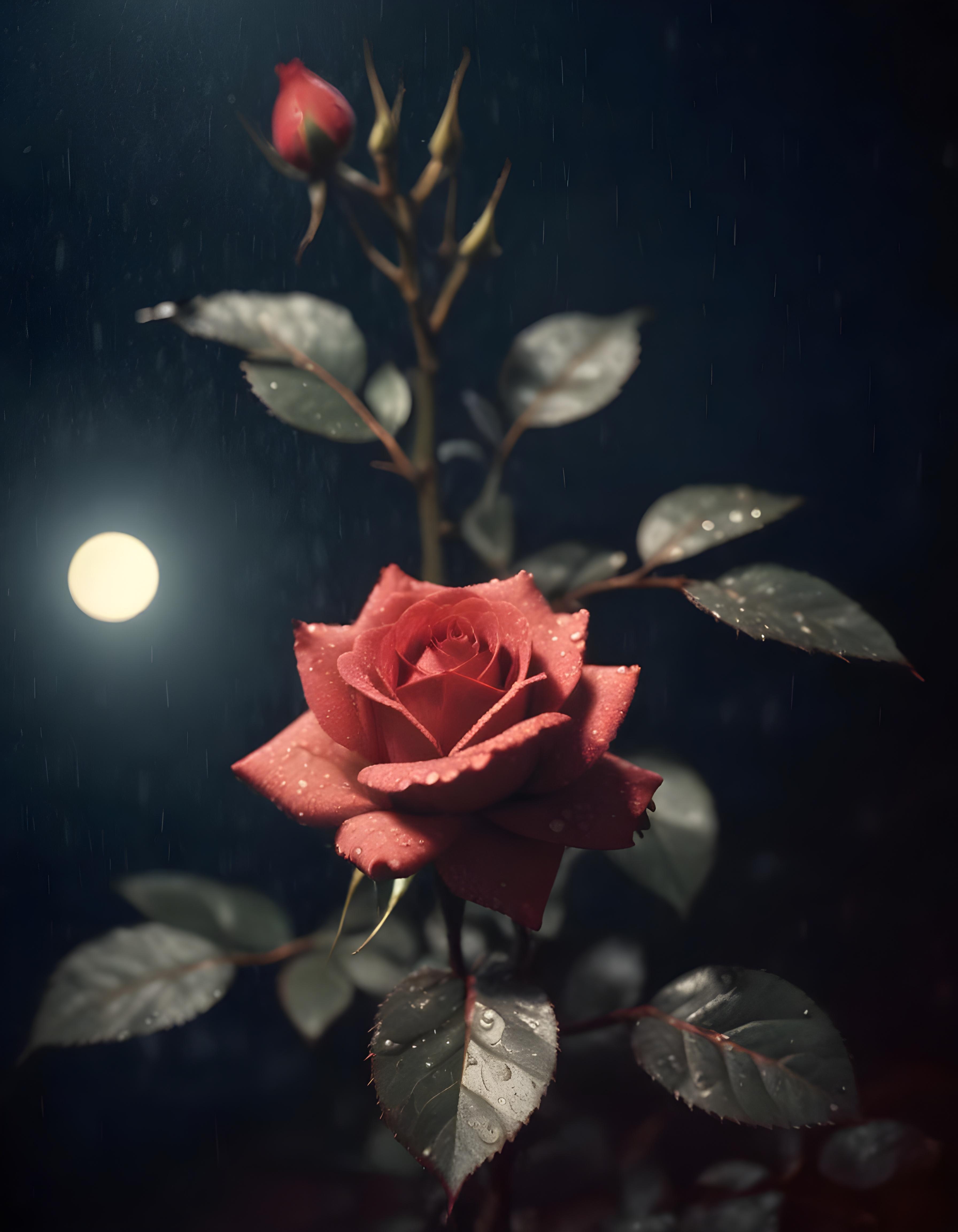 Romantic Rose Flower Under Moonlight with Dreamy Night Garden Background