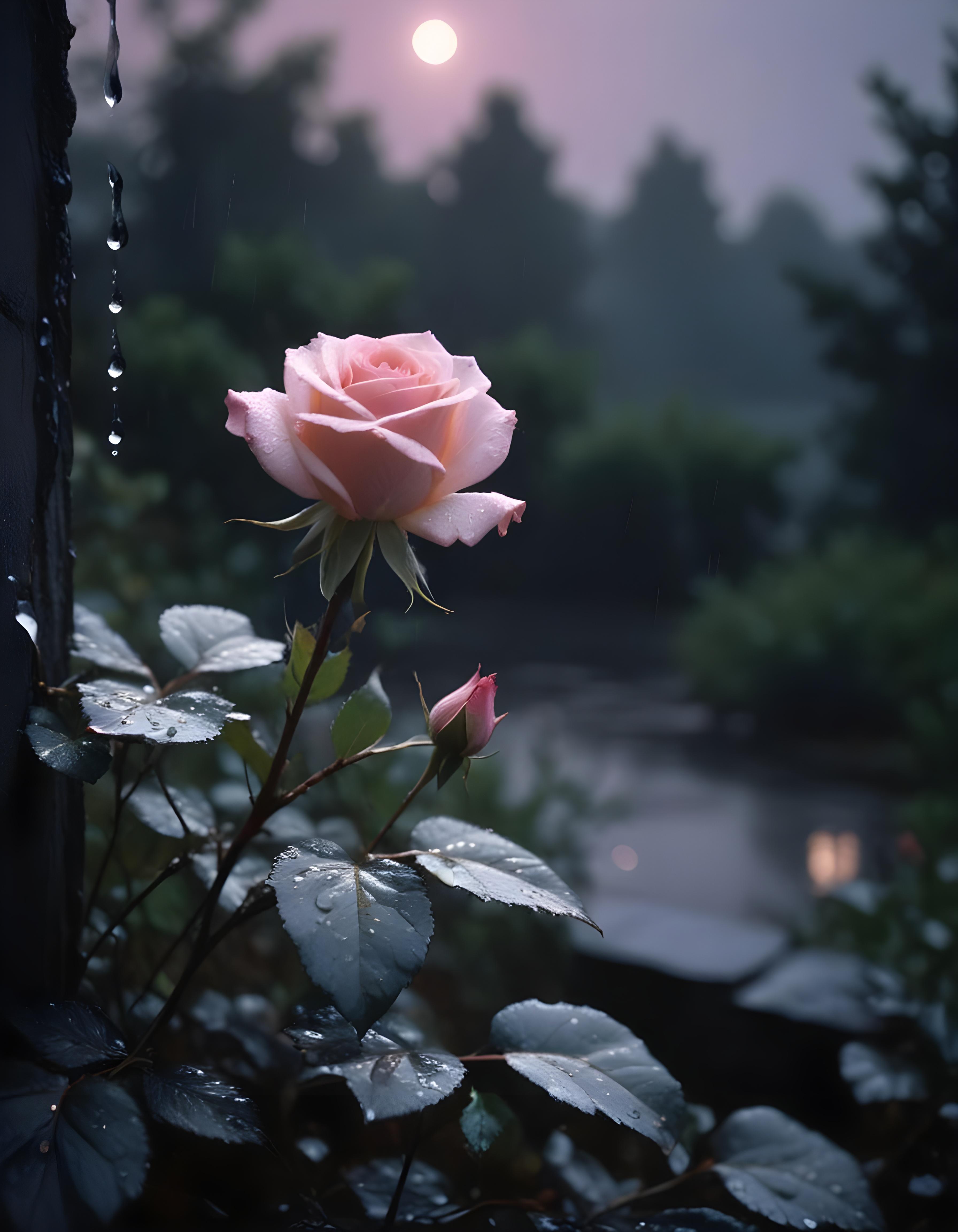 Romantic Rose Flower Under Moonlight with Dreamy Night Garden Background