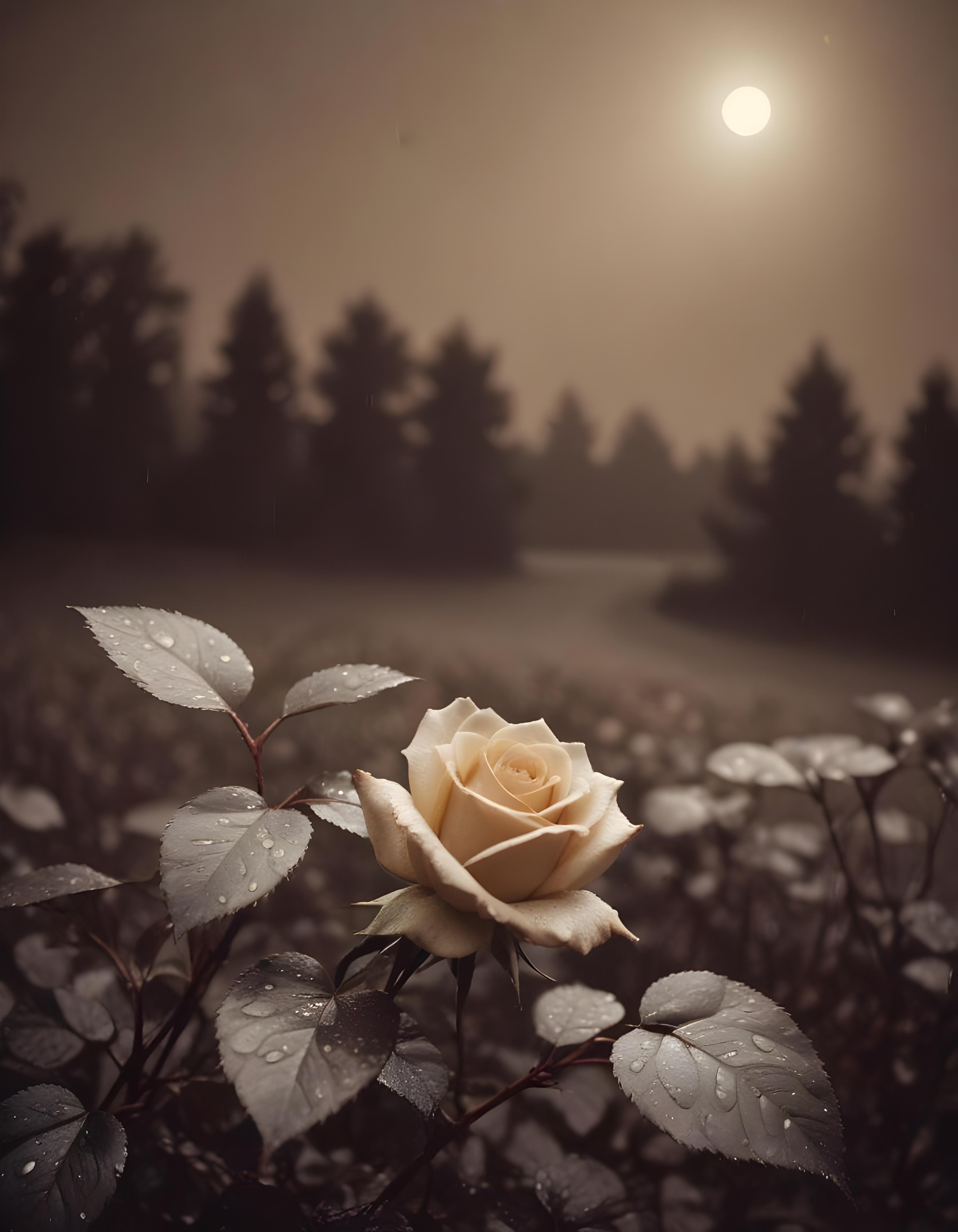 Romantic Rose Flower Under Moonlight with Dreamy Night Garden Background