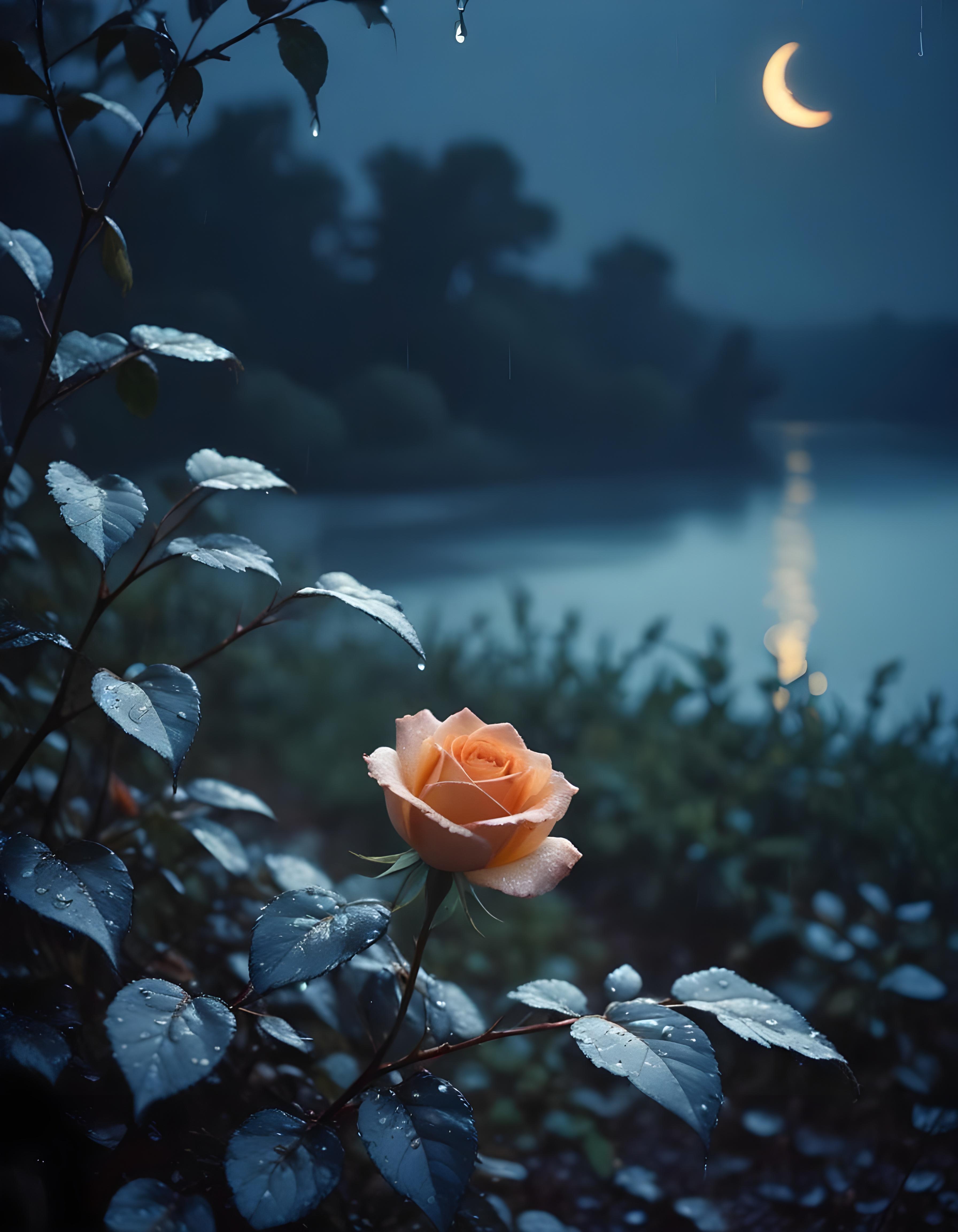 Romantic Rose Flower Under Moonlight with Dreamy Night Garden Background