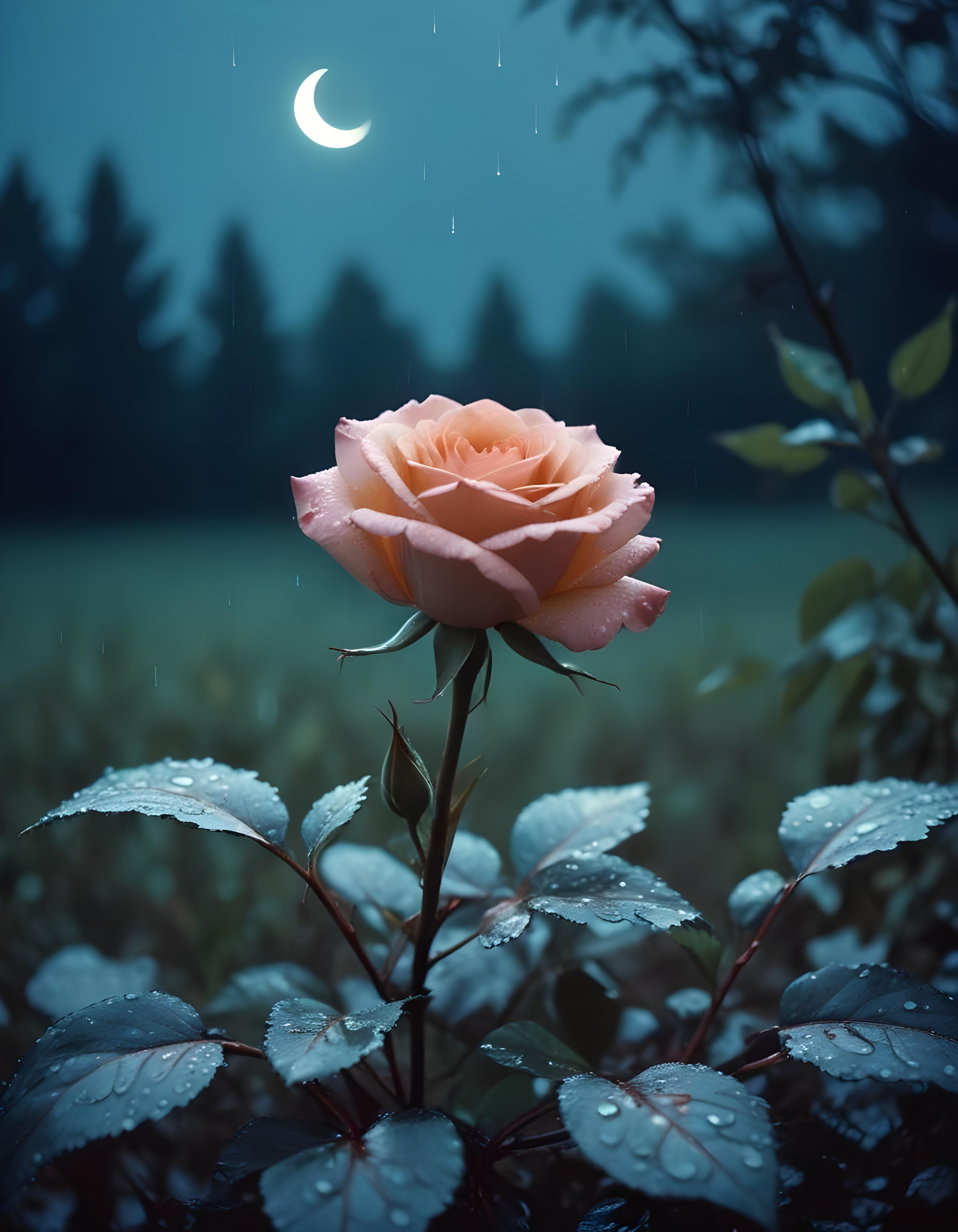 Romantic Rose Flower Under Moonlight with Dreamy Night Garden Background