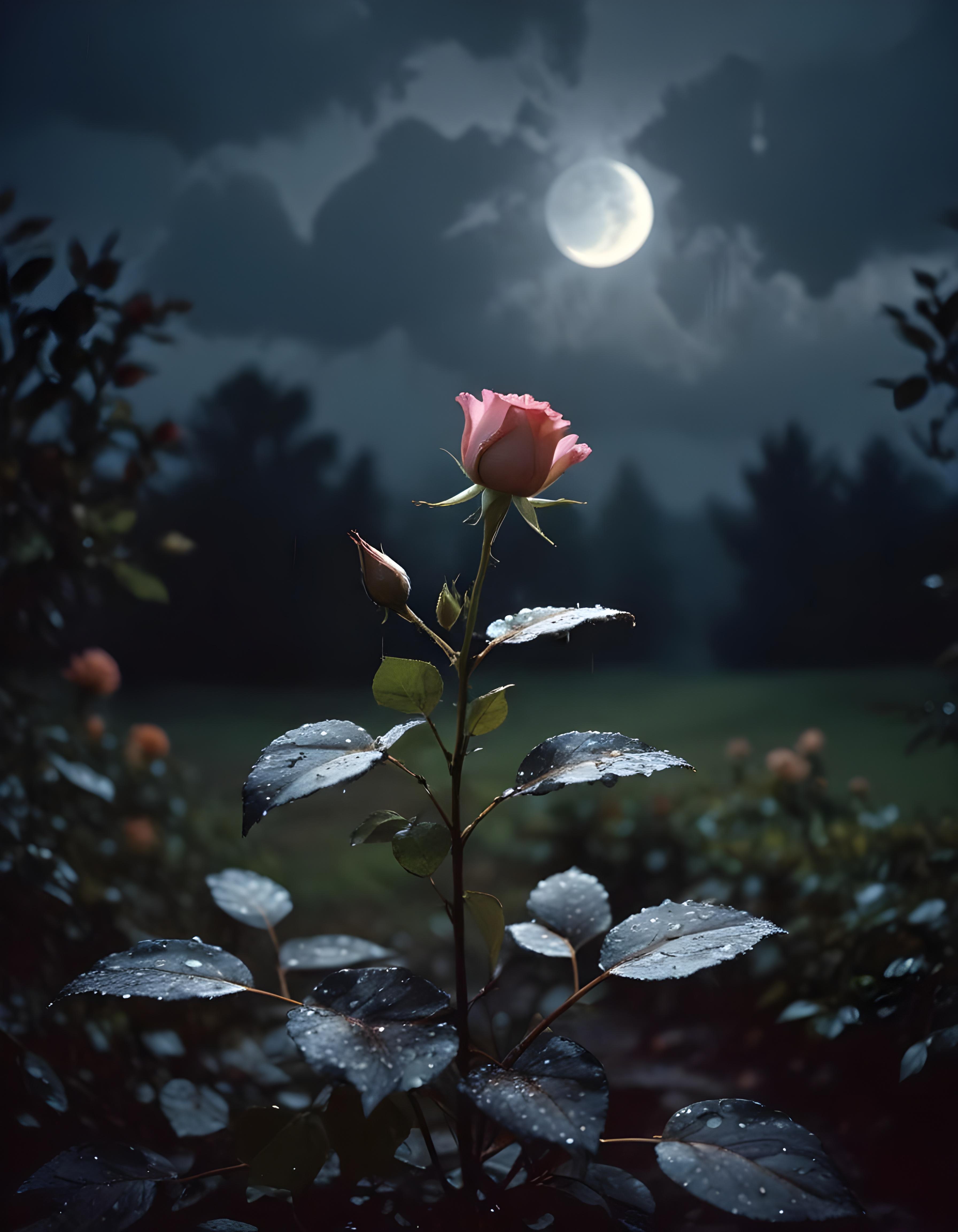 Romantic Rose Flower Under Moonlight with Dreamy Night Garden Background